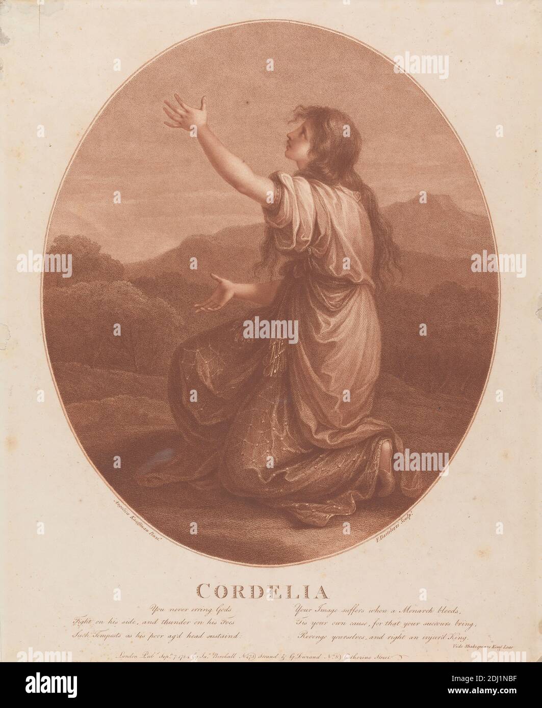 Cordelia, Francesco Bartolozzi RA, 1728–1815, italiano, attivo in Gran Bretagna (1764–99), dopo Angelica Kauffmann RA, 1741–1807, svizzero, attivo in Gran Bretagna (1766–81), 1784, incisione, Re Lear, opera di William Shakespeare, tema letterario Foto Stock