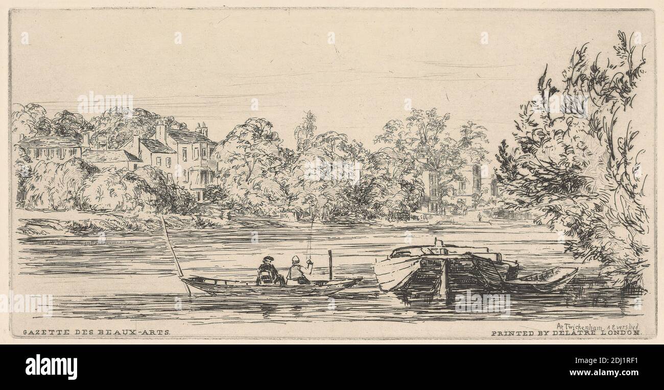 A Twickenham, Arthur Evershed, 1836–1919, stampato da Auguste Delâtre, 1822–1907, francese, pubblicato da Gazette des Beaux-Arts, attivo 1859–2002, francese, 1876, incisione su carta depressa leggermente spessa, beige, foglio: 7 1/16 x 11 pollici (17.9 x 27.9 cm) e piatto: 3 15/16 x 7 13/16 pollici (10 x 19.8 cm), barche, pescatori, pesca, genere soggetto, case, paesaggio, puntini, fiume, alberi, Inghilterra, Grande Londra, Tamigi, Twickenham, Regno Unito Foto Stock