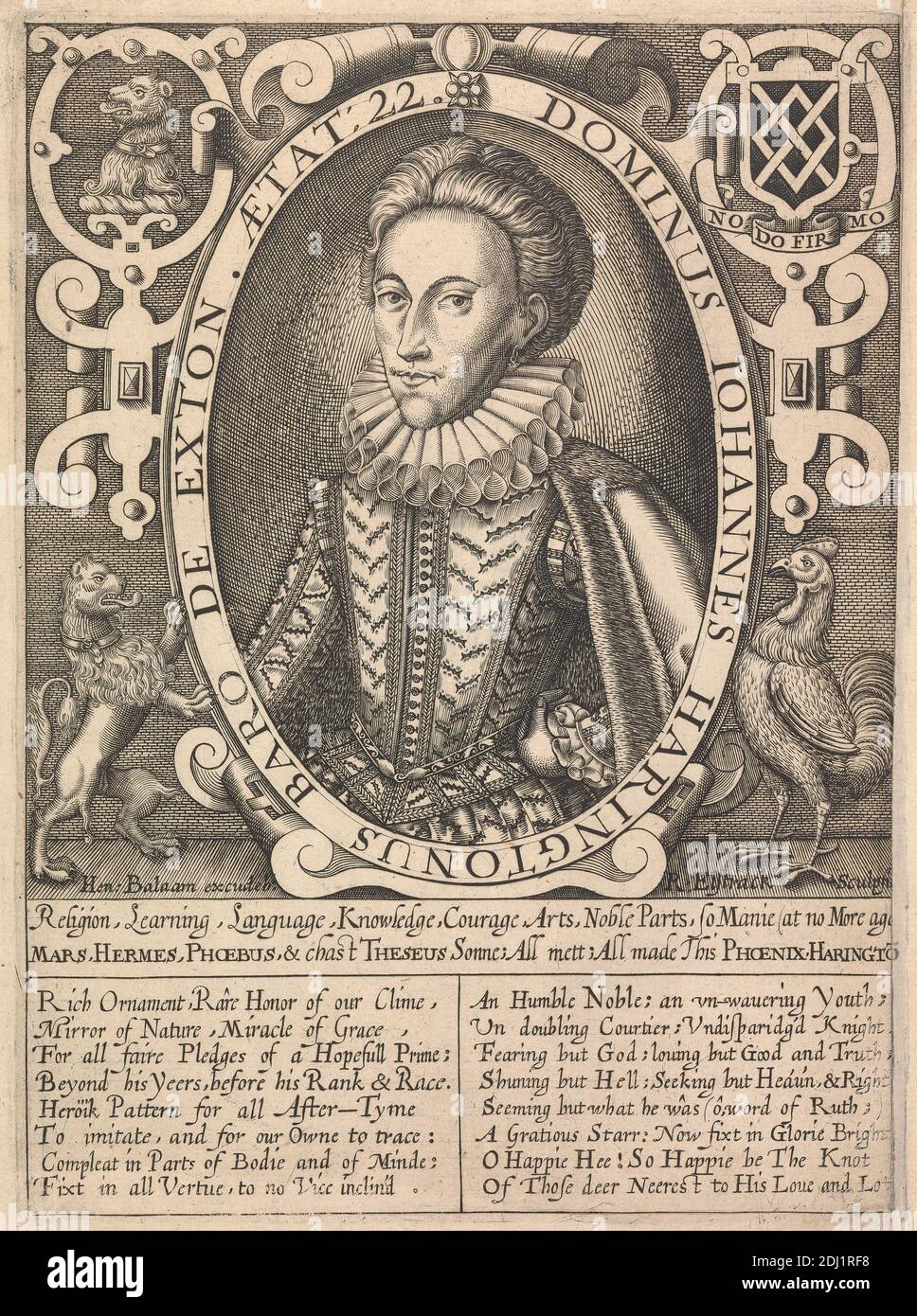 John Harington, secondo Barone Harington di Exton, Renold Elstrack, 1570–1625(?), inglese, pubblicato da Henry Balaam, attivo 1612–1616, inglese, tra il 1610 e il 1614, incisione di linea su carta media, leggermente testurizzata, beige, foglio: 8 3/8 x 6 5/16 pollici (21.2 x 16 cm), piatto: 7 13/16 x 5 11/16 pollici (19.8 x 14.5 cm), e immagine: 5 5/8 x 5 9/16 pollici (14.3 x 14.1 cm), capo, cartouche, stemma, costume, cresta, doppietta, ricamo, pelliccia, leone, uomo, nobiltà, ovale, ritratto, gallo, ruff, scudo Foto Stock
