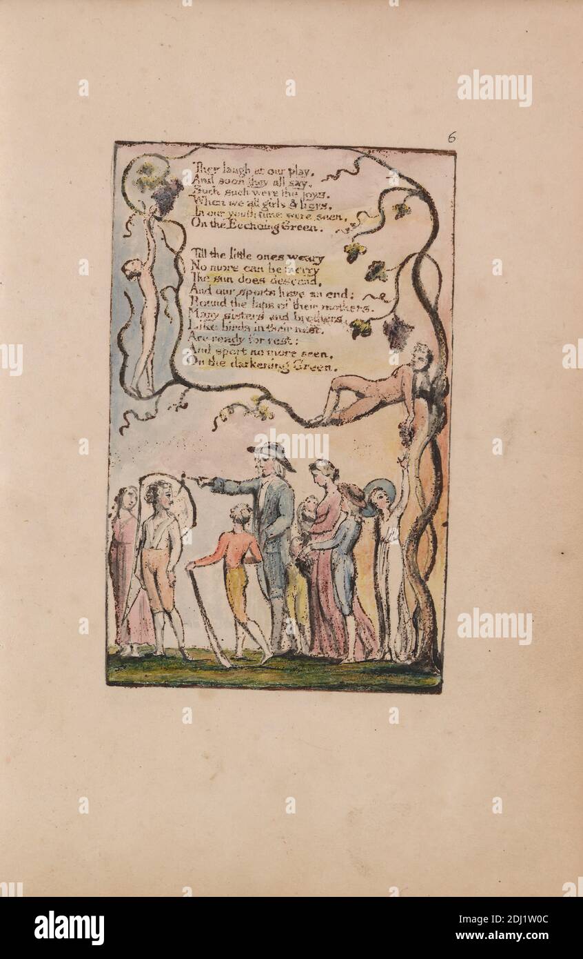 Songs of Innocence and of Experience, Plate 6, "The Ecchoing Green" (Bentley 7), Stampa realizzata da William Blake, 1757–1827, British, dal 1789 al 1794, incisione a rilievo stampata in marrone scuro con inchiostro nero e penna e acquerello su carta di carta di wove crema di spessore moderato, leggermente testurizzata, foglio: 7 1/8 x 5 pollici (18.1 x 12.7 cm), piatto: 4 1/4 x 2 5/8 pollici (10.8 x 6.7 cm), e spina: 7 3/8 pollici (18.7 cm), pipistrello, rami, bambini, frutta, uva, aquilone, foglia, tema letterario, uomini, testo, alberi, vite, donne Foto Stock