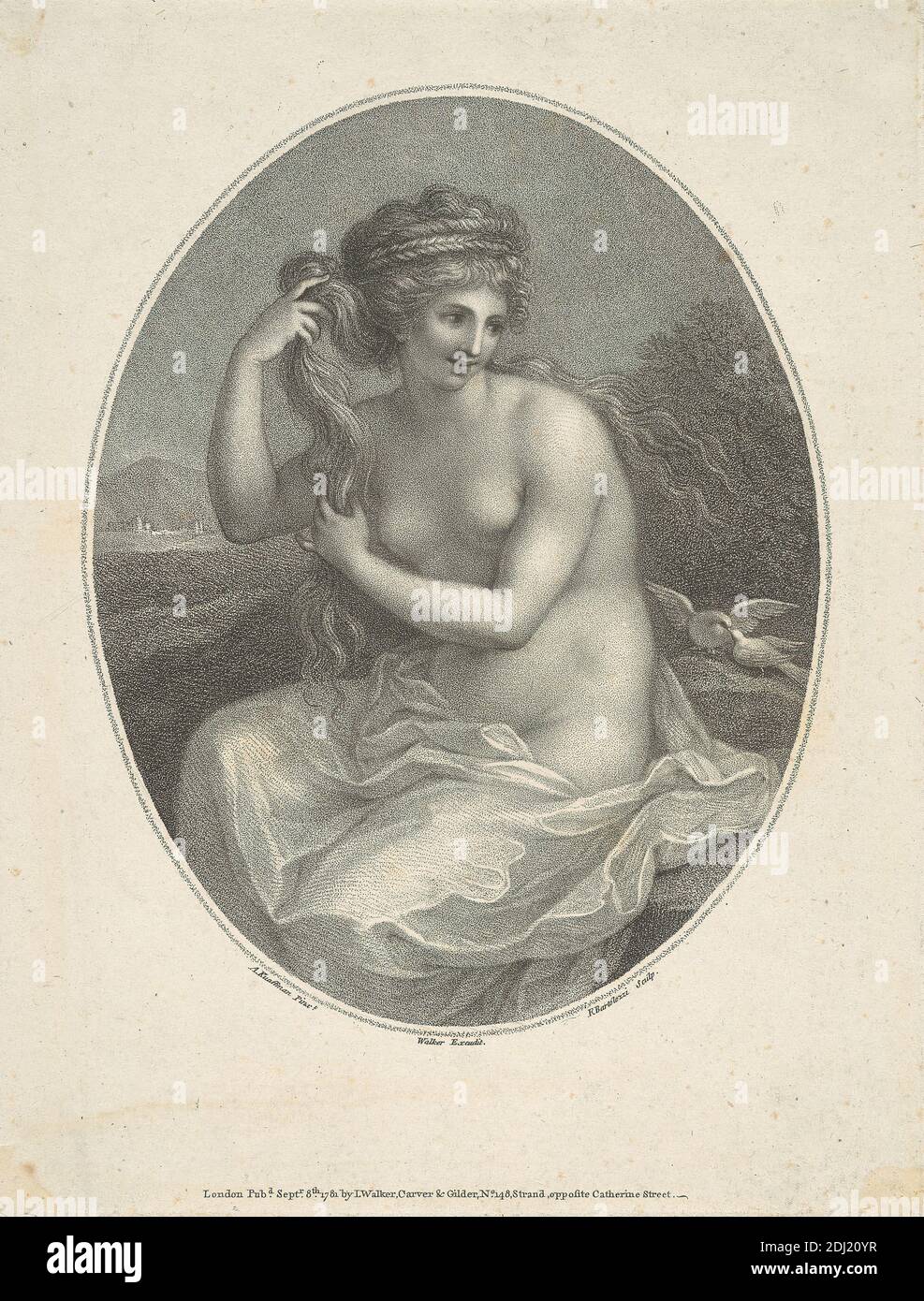 Venus, Francesco Bartolozzi RA, 1728–1815, italiano, attivo in Gran Bretagna (1764–99), dopo Angelica Kauffmann RA, 1741–1807, svizzero, attivo in Gran Bretagna (1766–81), 1781, Engraving Foto Stock