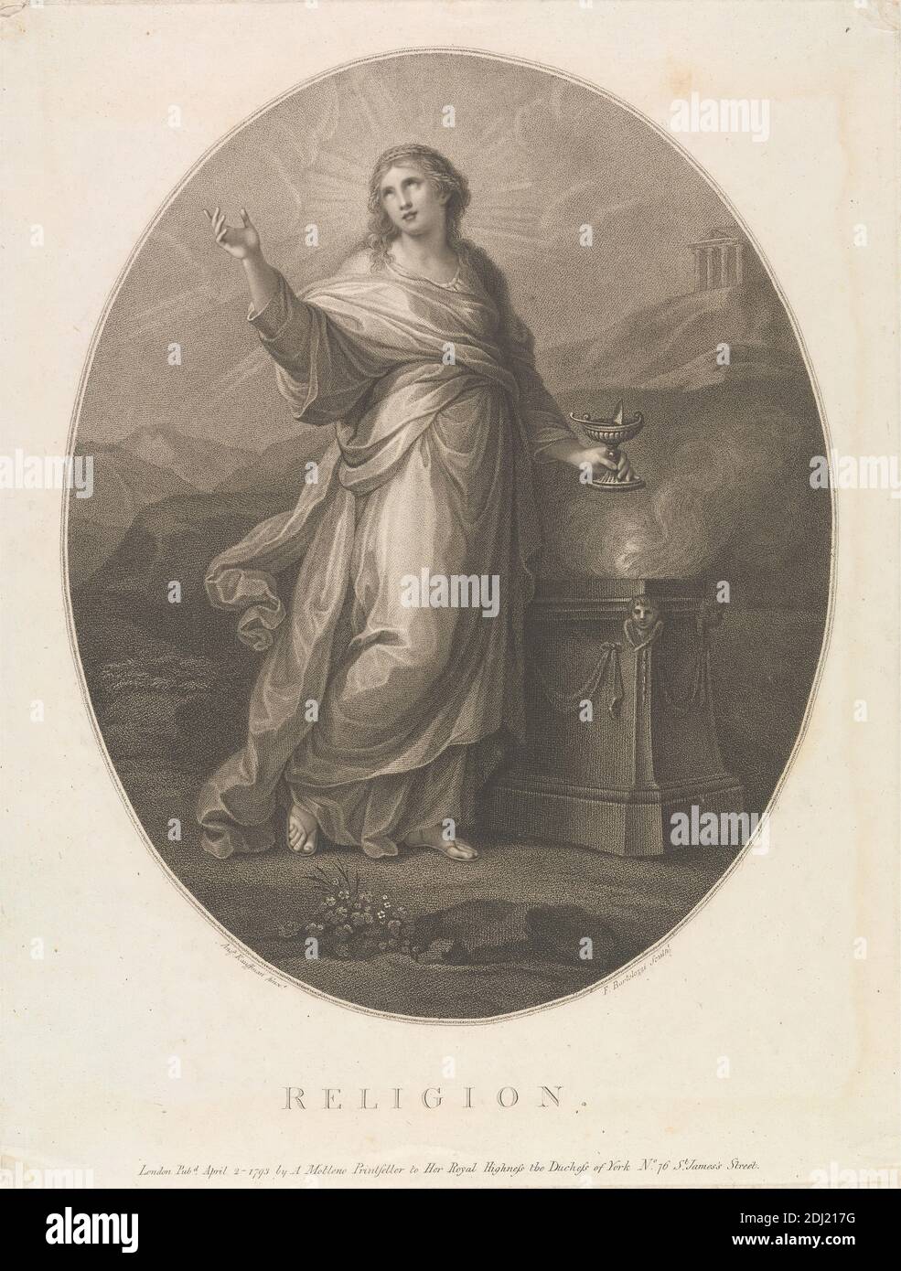 Religione, Francesco Bartolozzi RA, 1728–1815, italiano, attivo in Gran Bretagna (1764–99), dopo Angelica Kauffmann RA, 1741–1807, svizzero, attivo in Gran Bretagna (1766–81), 1793, incisione Foto Stock