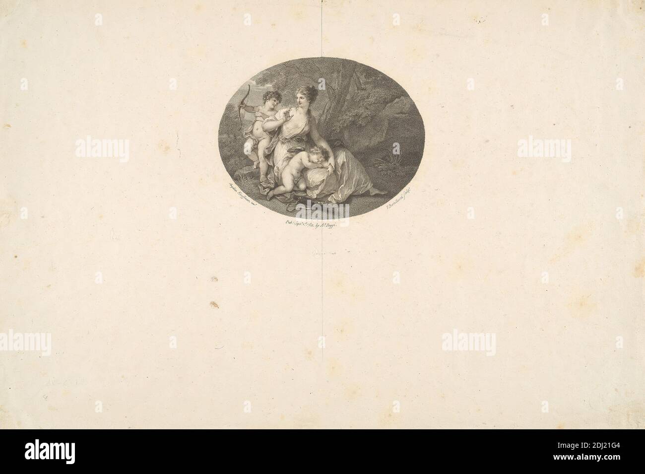 Una donna (come? Venere) con due Cherubi, Francesco Bartolozzi RA, 1728–1815, italiano, attivo in Gran Bretagna (1764–99), dopo Angelica Kauffmann RA, 1741–1807, svizzero, attivo in Gran Bretagna (1766–81), 1782, Engraving Foto Stock