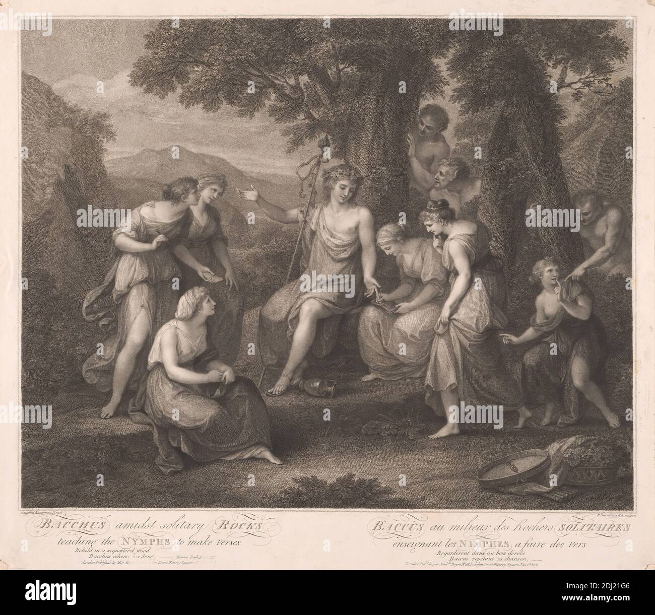 Bacchus tra le rocce solitarie insegnare le Ninfe a fare versi, Francesco Bartolozzi RA, 1728–1815, italiano, attivo in Gran Bretagna (1764–99), dopo Angelica Kauffmann RA, 1741–1807, svizzero, attivo in Gran Bretagna (1766–81), 1801, Engraving Foto Stock