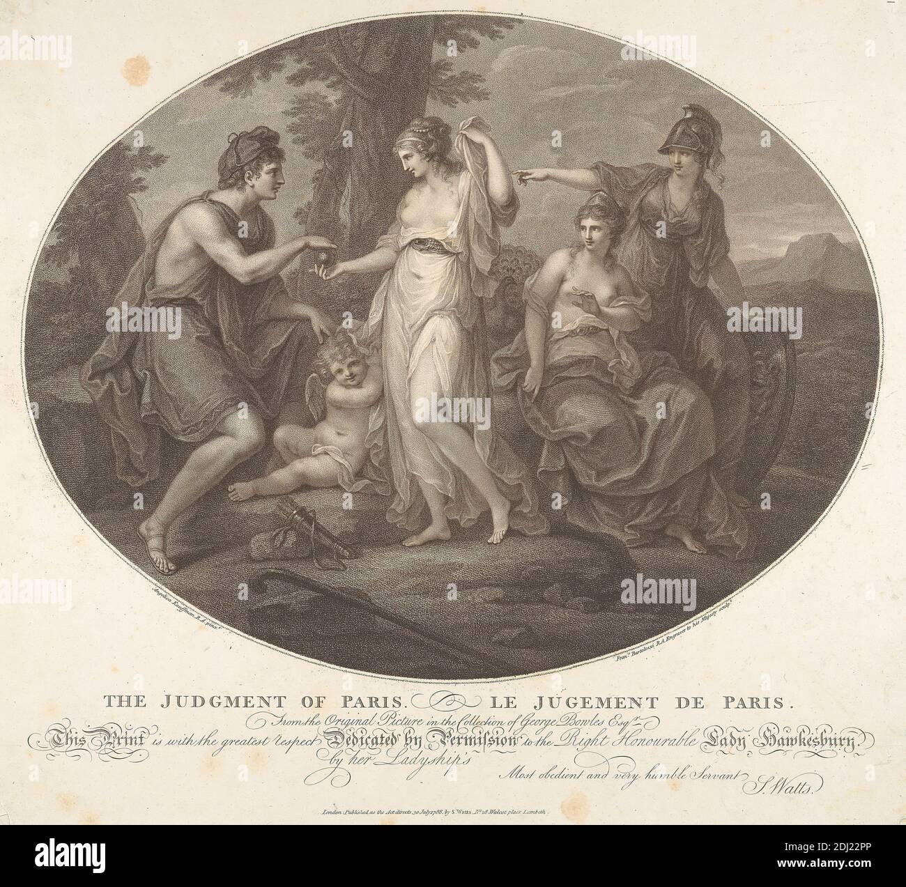 Il Giudizio di Parigi, Francesco Bartolozzi RA, 1728–1815, italiano, attivo in Gran Bretagna (1764–99), dopo Angelica Kauffmann RA, 1741–1807, svizzero, attivo in Gran Bretagna (1766–81), 1788, Engraving Foto Stock