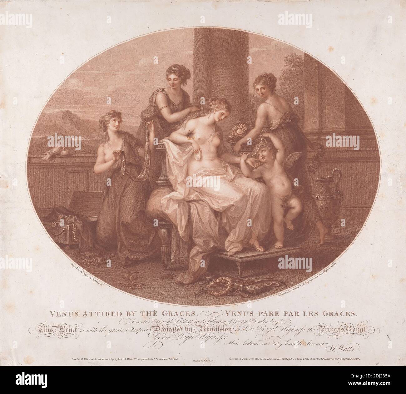 Venere atstanco delle grazie, Francesco Bartolozzi RA, 1728–1815, italiano, attivo in Gran Bretagna (1764–99), dopo Angelica Kauffmann RA, 1741–1807, svizzero, attivo in Gran Bretagna (1766–81), 1784, incisione, foglio: 17 3/4 x 19 7/8in. (45.1 x 50,5 cm Foto Stock