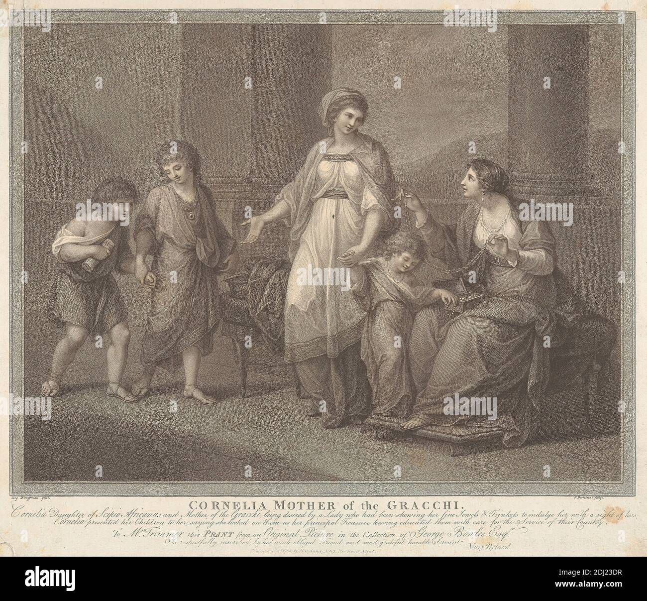 Cornelia, Madre dei Gracchi, Francesco Bartolozzi RA, 1728–1815, italiano, attivo in Gran Bretagna (1764–99), dopo Angelica Kauffmann RA, 1741–1807, svizzero, attivo in Gran Bretagna (1766–81), 1788, incisione Foto Stock