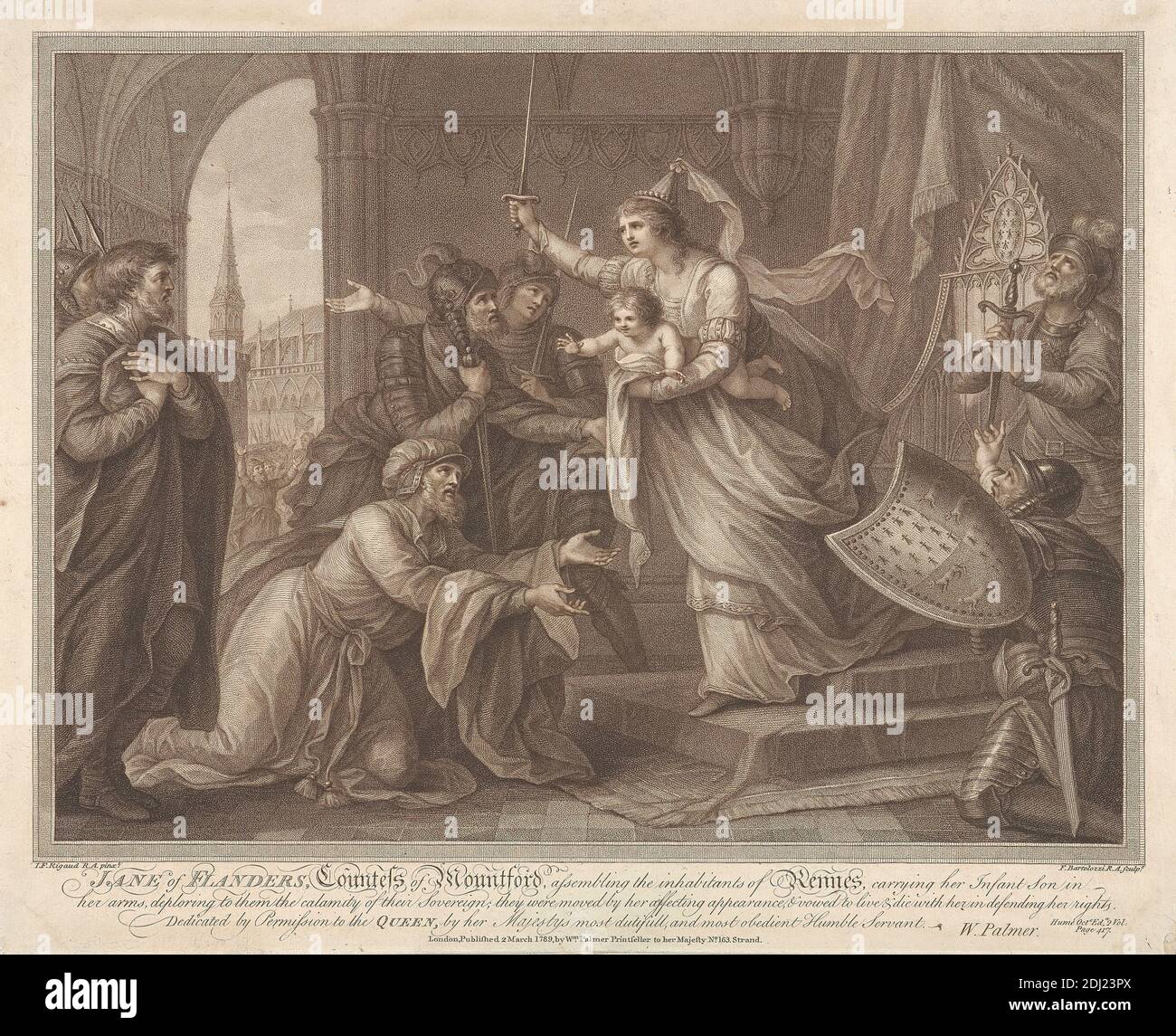Jane delle Fiandre, contessa di Mountford che raggruppa gli abitanti di Rennes, Francesco Bartolozzi RA, 1728–1815, italiano, attivo in Gran Bretagna (1764–99), dopo John Francis Rigaud, 1742–1810, francese, attivo in Gran Bretagna (dal 1771), 1789, Engraving Foto Stock