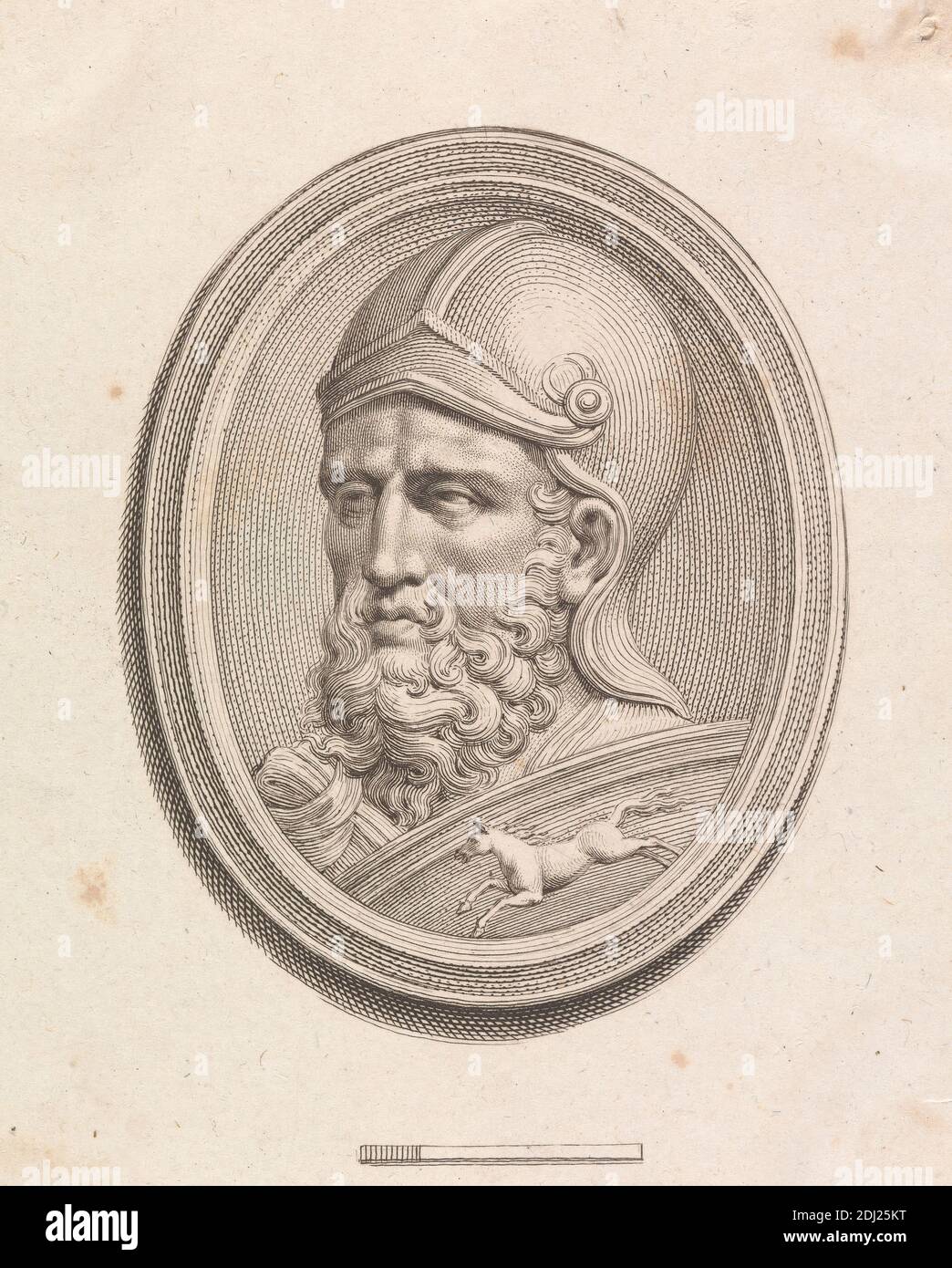 Medaglione: Capo di un Guerriero Helmeted con uno scudo decorato con un Cavallo, Francesco Bartolozzi RA, 1728–1815, italiano, attivo in Gran Bretagna (1764–99), dopo artista sconosciuto, non datato, incisione Foto Stock