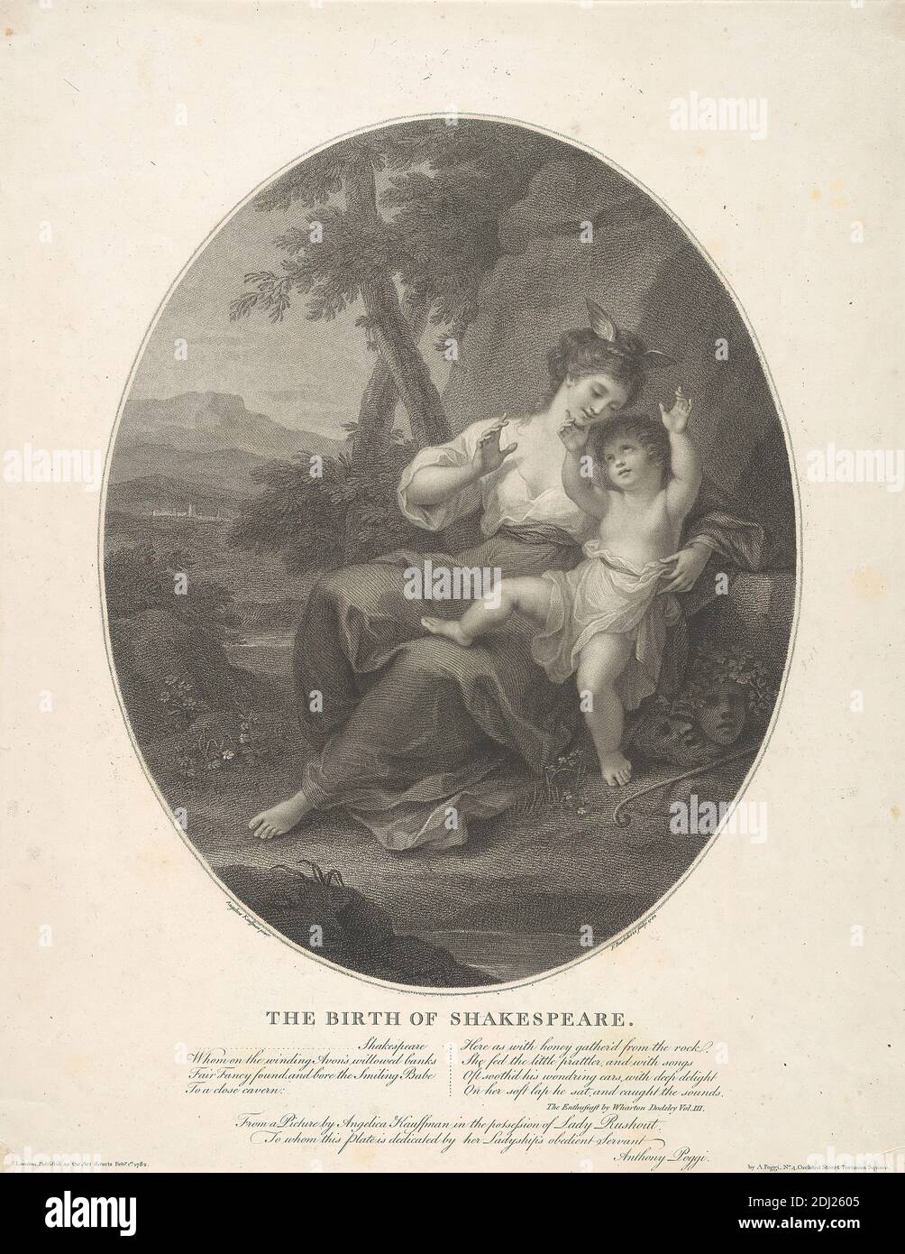 La nascita di Shakespeare, Francesco Bartolozzi RA, 1728–1815, italiano, attivo in Gran Bretagna (1764–99), dopo Angelica Kauffmann RA, 1741–1807, svizzero, attivo in Gran Bretagna (1766–81), 1782, Engraving Foto Stock