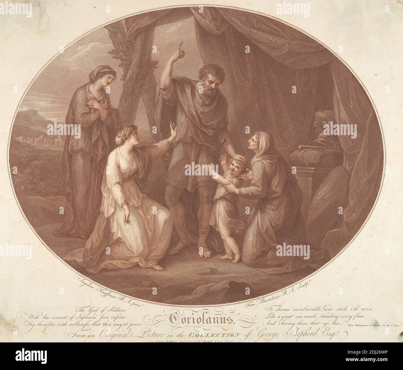 Coriolanus, atto 5, scena III, Francesco Bartolozzi RA, 1728–1815, italiano, attivo in Gran Bretagna (1764–99), dopo Angelica Kauffmann RA, 1741–1807, svizzero, attivo in Gran Bretagna (1766–81), 1783, incisione Foto Stock