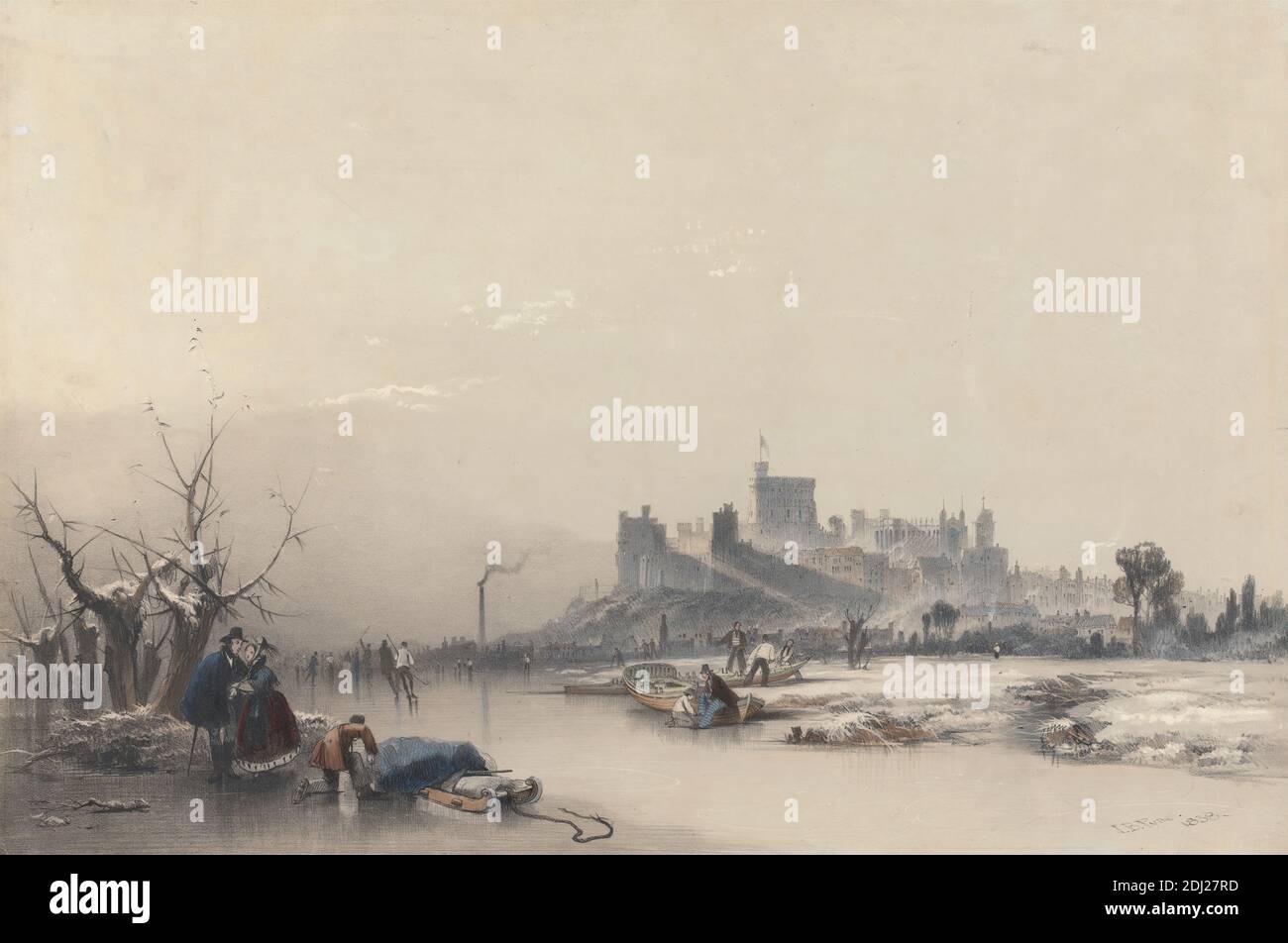 Castello di Windsor dal fiume Frozen durante il Grande Frost, James Baker Pyne, 1800–1870, British, 1838, litografia colorata a mano, foglio: 11 1/4 x 17 pollici. (28.6 x 43,2 cm Foto Stock