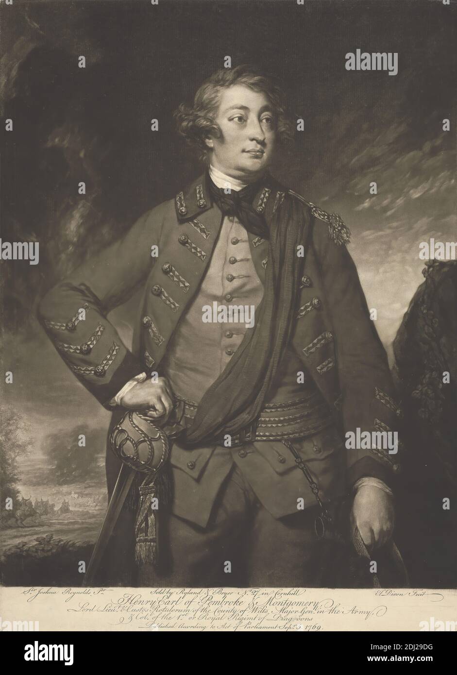 Enrico, decimo conte di Pembroke e settimo conte di Montgomery, John Dixon, ca. 1740–1811, irlandese, dopo Sir Joshua Reynolds RA, 1723–1792, inglese, pubblicato da William Wynne Ryland, 1732–1783, britannico, e Henry Bryer, morto prima o prima del 1782, britannico, 1769, Mezzotint su carta di spessore moderato, leggermente testurizzata, beige, foglio: 18 1/16 x 13 1/16 pollici (45.8 x 33.2 cm) e immagine: 16 5/8 x 13 1/16 pollici (42.3 x 33.2 cm), forze armate, cintura, bottoni, nuvole, cappotto, cravat, ricci, conte, sguardo, cavalli (animali), chiavi, uomo, nobile, ufficiali (ufficiali militari), ritratto, posa, sash, sciarpa Foto Stock
