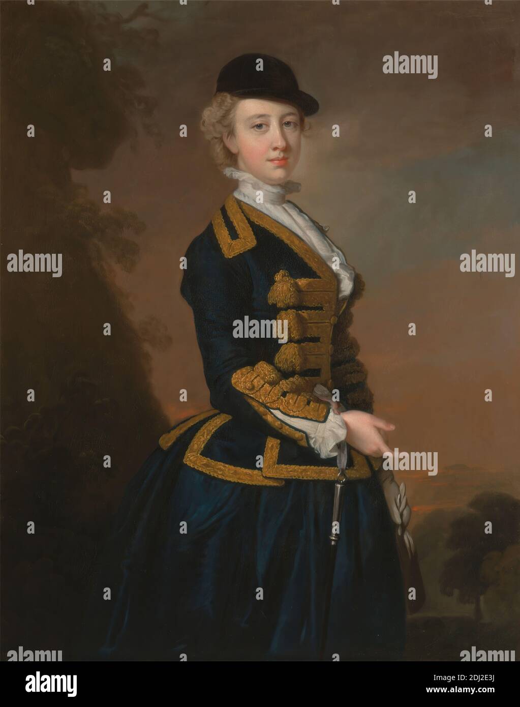 Ritratto di una giovane donna della famiglia Fortesque di Devon, Thomas Hudson, 1701–1779, inglese, ca. 1745, olio su tela, supporto (PTG): 50 x 40 pollici (127 x 101.6 cm), blu, costume, donna, cappello, ritratto, giallo, Devon, Inghilterra, Europa, Regno Unito Foto Stock