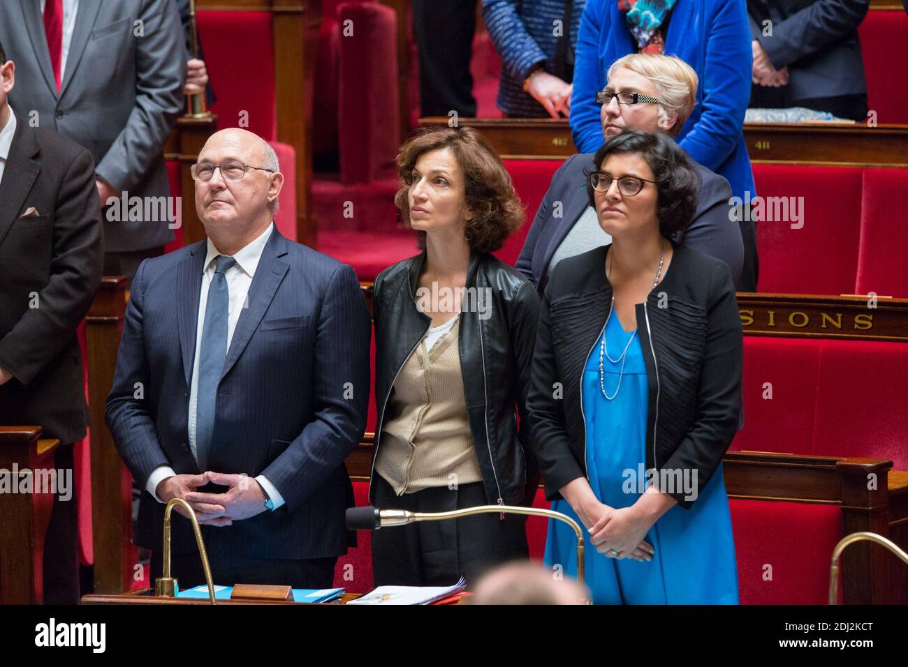 MICHEL SAPIN, AUDREY AZOULAY, MYRIAM EL KHOMRI Foto di Nasser Berzane/ABACAPRESS.COM Foto Stock