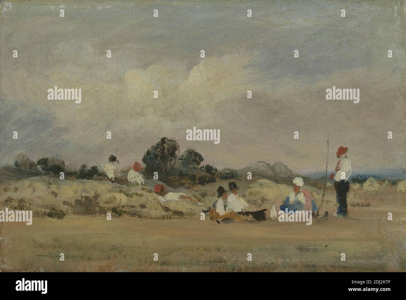 Haymakers Resting, Frederick W. Watts, 1800–1862, inglese, ca. 1825, olio su tavola, supporto (PTG): 4 3/4 x 7 pollici (12.1 x 17.8 cm), agricoltura, fattoria, genere soggetto, raccolto, paesaggio, rurale, estate, lavoratori Foto Stock