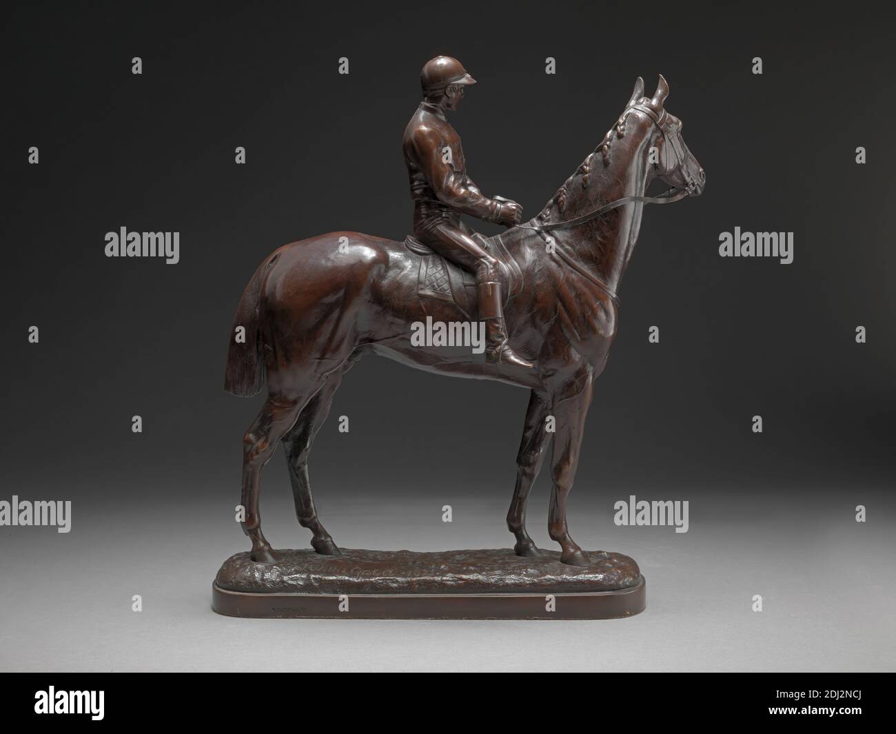 Prima della gara, John Willis Good, 1845–1879, British, 1875, Bronze, totale: 12 3/4 x 11 1/4 x 4 1/8 pollici (32.4 x 28.6 x 10.5 cm), cavallo (animale), fantino, arte sportiva Foto Stock