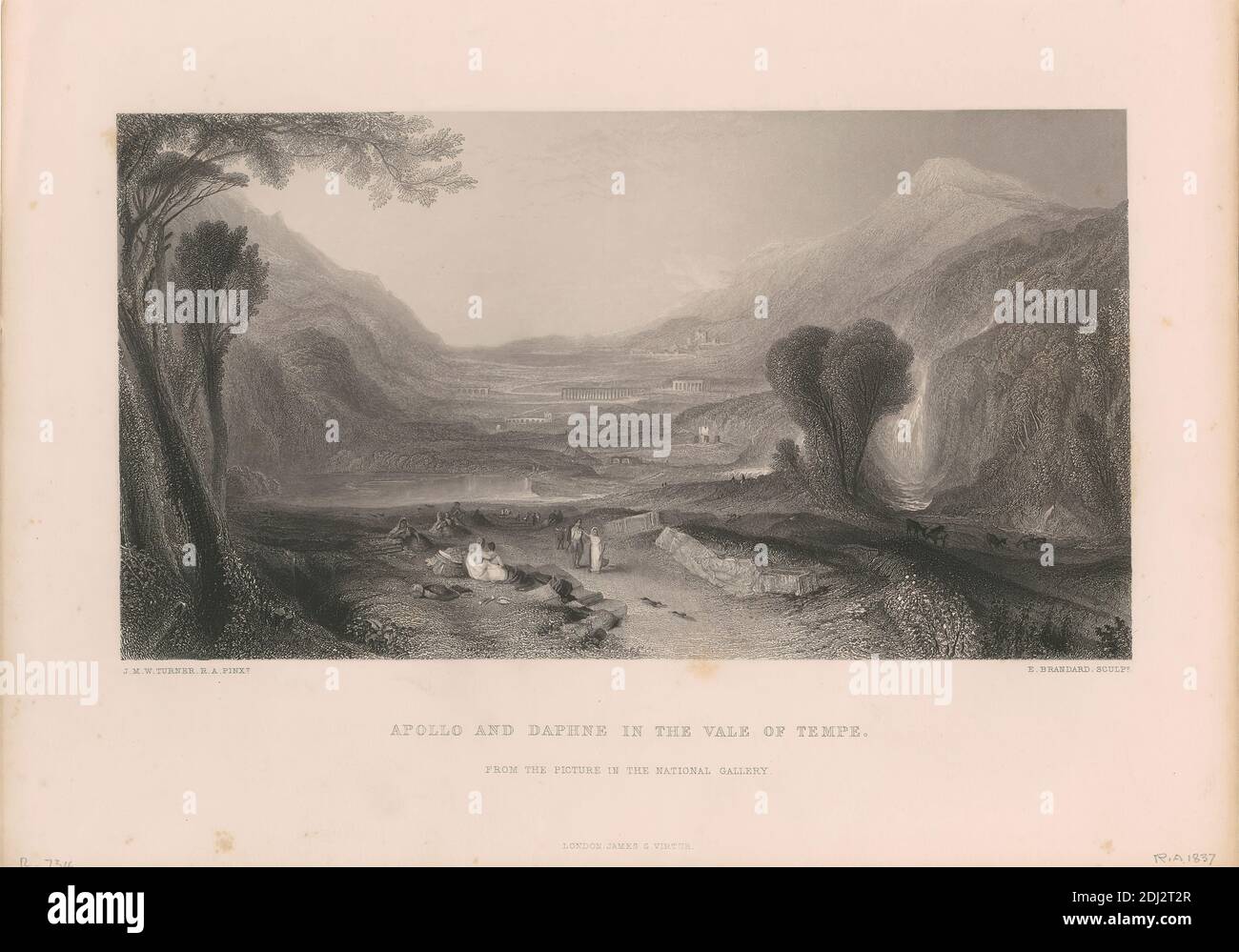 Apollo e Daphne, Edward P. Brandard, 1819–1898, inglese, dopo Joseph Mallord William Turner, 1775–1851, inglese, 1859-1879, incisione in acciaio Foto Stock