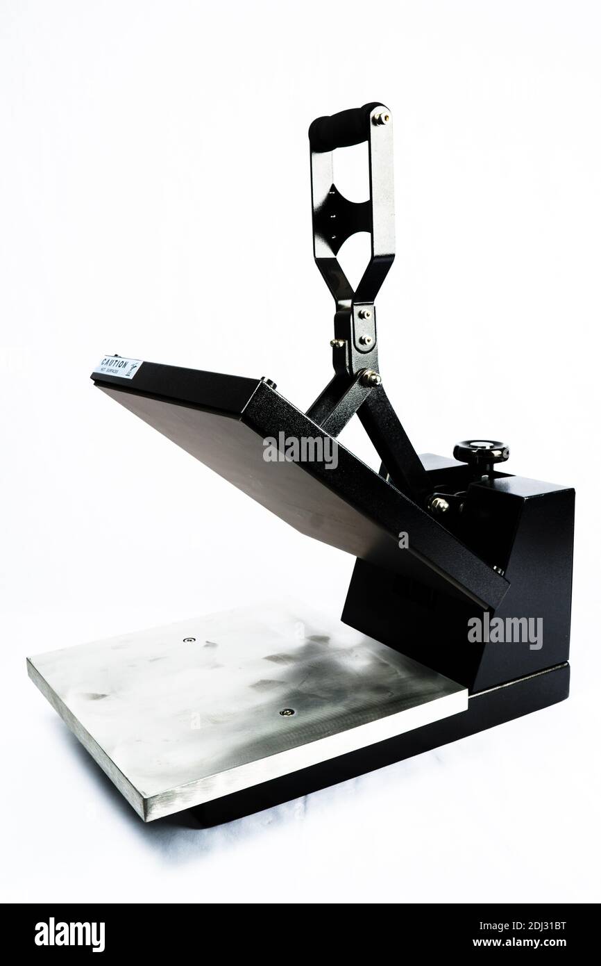 Pressa a caldo con stampa a T-shirt con coperchio aperto Foto Stock