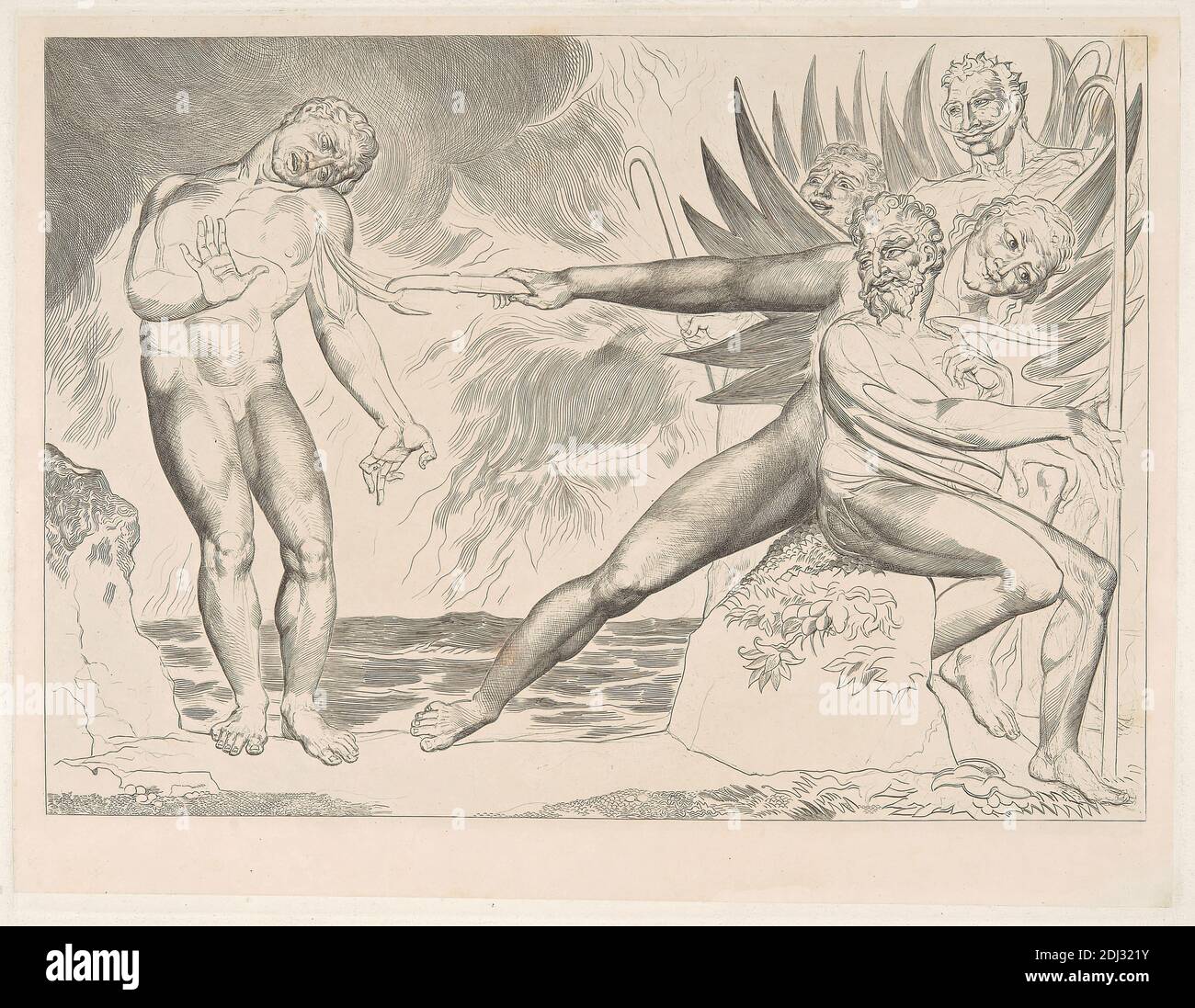 PL. 2: Ciampolo tormentato dai Devils '...seiz'd sul suo braccio, / e mangled ha portato via la parte sinewy.' Hell; canto xxii. Linea 70., William Blake, 1757–1827, inglese, 1827, incisione di linea su carta media, leggermente testurizzata, crema wove India Proof, foglio: 15 1/4 × 21 1/4 pollici (38.8 × 54 cm), piatto: 11 × 14 pollici (28 × 35.6 cm), e immagine: 7/16 × 33.9 cm (9 × 13 3/8 24 pollici) Foto Stock