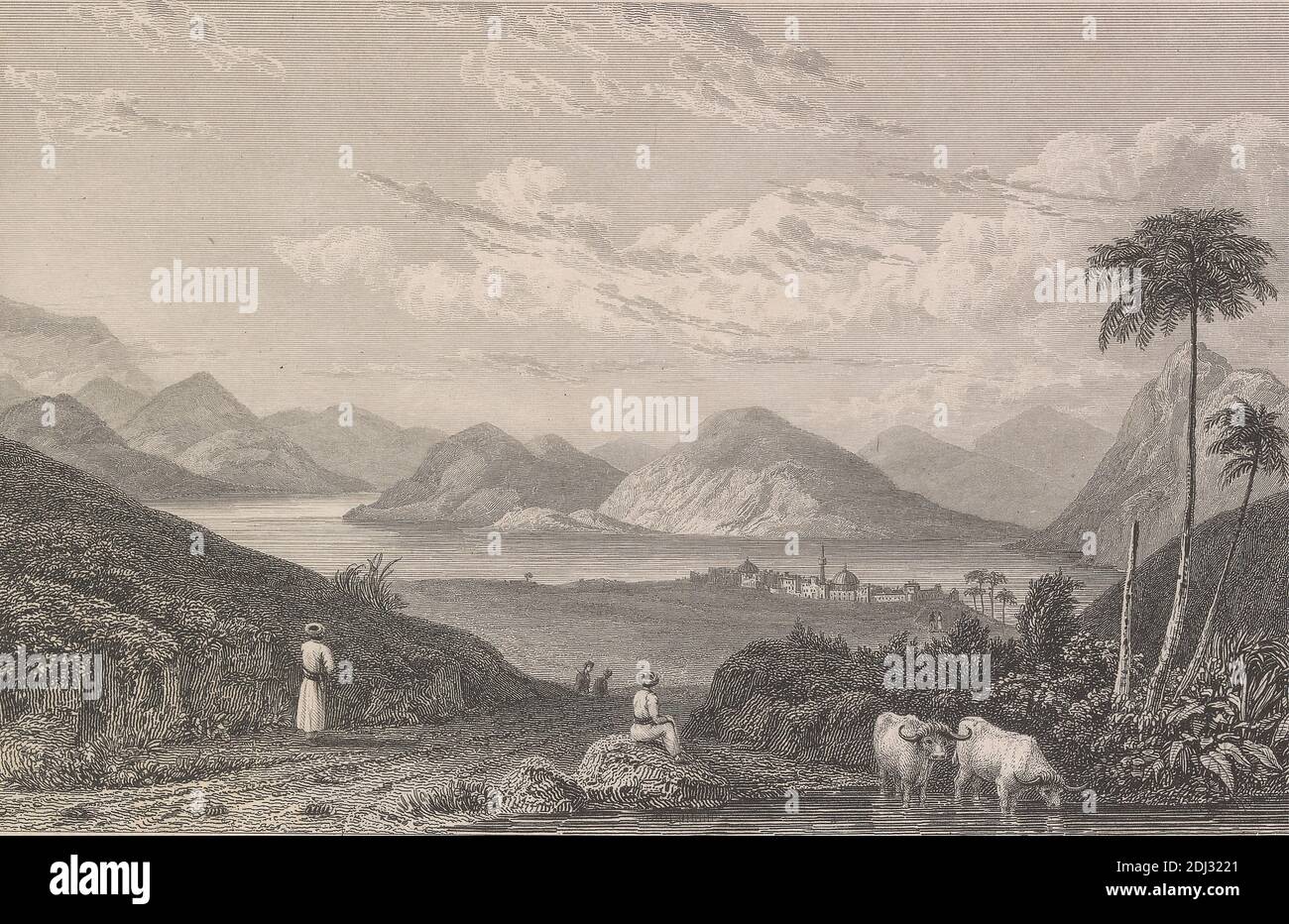 Il lago di Genesareth e la città di Tiberiade, Thomas Higham, 1796–1844, britannico, dopo artista sconosciuto, senza Foto Stock