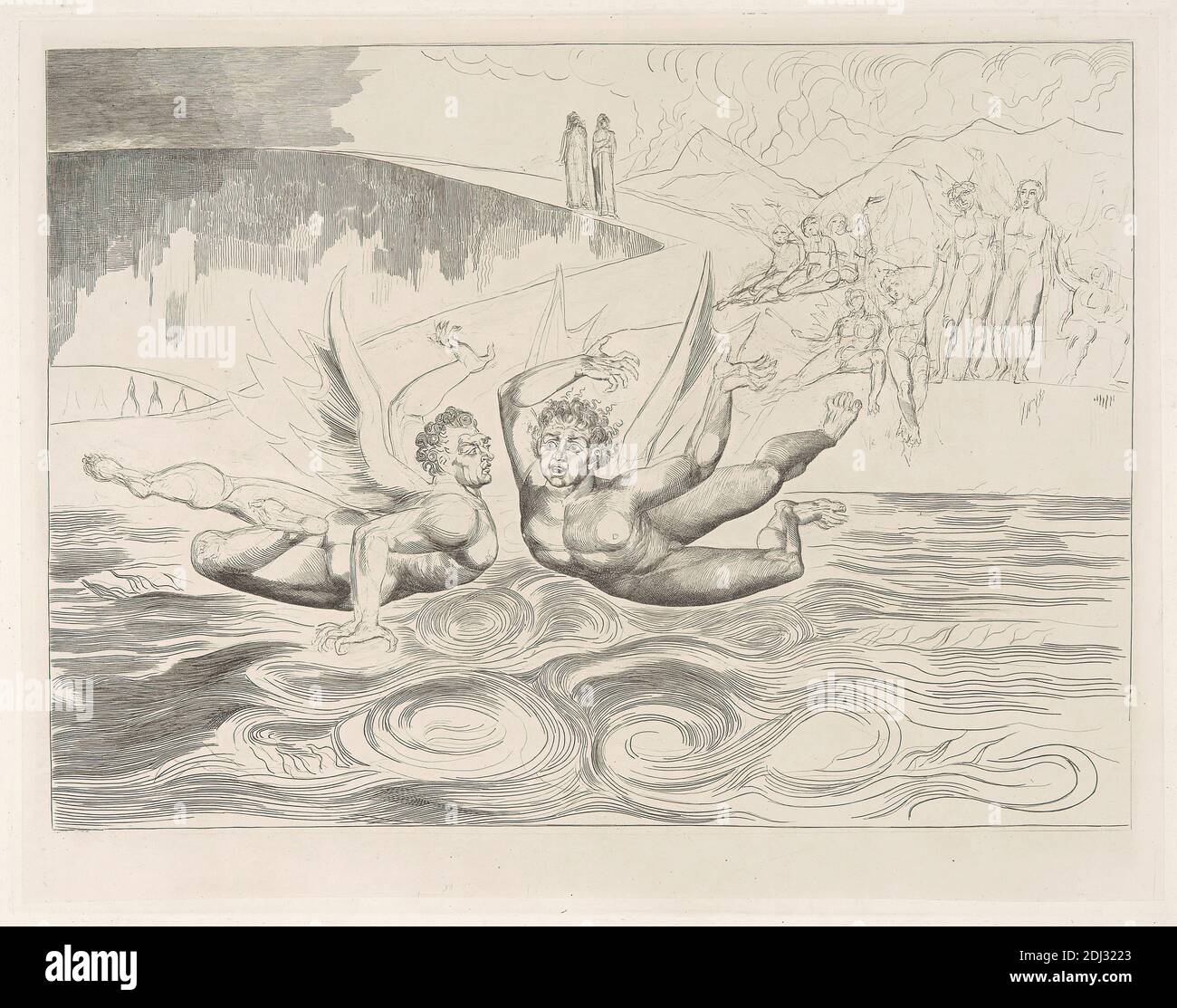 PL. 3: Devils sconcertati combattimenti ' ... così turn'd/ i suoi taloni sul suo compagno.' Hell; canto xxii. Linea 135, William Blake, 1757–1827, British, 1827, incisione di linea su carta media, leggermente testurizzata, crema wove India Proof, foglio: 14 11/16 × 21 1/4 pollici (37.3 × 54 cm), piatto: 11 × 14 pollici (28 × 35.5 cm), e immagine: 1/2 × 33.3 cm (9 × 13 1/8 24.2 pollici) Foto Stock