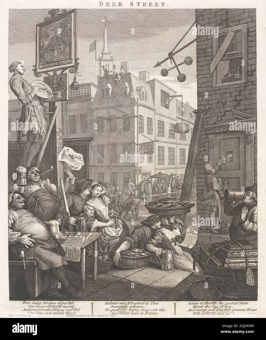 Beer Street, William Hogarth, 1697–1764, inglese, non datato, incisione, birra, caricatura, paesaggio urbano, soggetto del genere Foto Stock