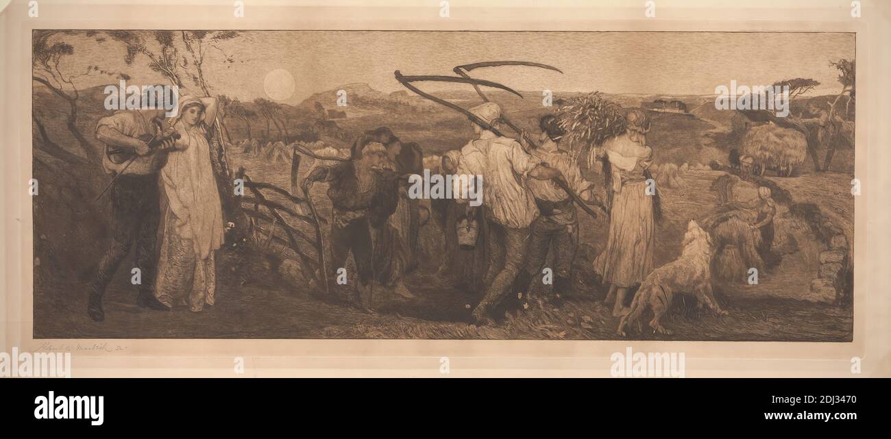 The Harvest Moon, Stampa realizzata da Robert Walker Macbeth, 1848–1910, British, After George HeMing Mason, 1818–1872, British, 1883, incisione su carta media, leggermente testurizzata, carta in wove color crema, foglio: 14 3/8 × 35 3/8 pollici (36.5 × 89.9 cm), piatto: 14 × 34 7/8 pollici (35.6 × 88.6 cm) e immagine: 12 3/4 × 33 3/4 pollici (32.4 × 85.7 cm Foto Stock The Harvest Moon, Stampa realizzata da Robert Walker Macbeth, 1848–1910, British, After George HeMing Mason, 1818–1872, British, 1883, incisione su carta media, leggermente testurizzata, carta in wove color crema, foglio: 14 3/8 × 35 3/8 pollici (36.5 × 89.9 cm), piatto: 14 × 34 7/8 pollici (35.6 × 88.6 cm) e immagine: 12 3/4 × 33 3/4 pollici (32.4 × 85.7 cm Foto Stock