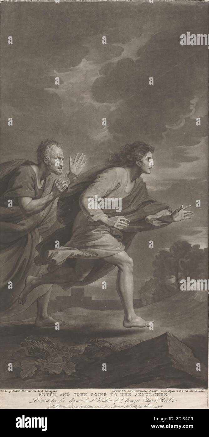 Peter and John Going to the Sepolcher, Stampa fatta da Valentine Green, 1739–1813, inglese, After Benjamin West, 1738–1820, americano, attivo in Gran Bretagna (dal 1763), pubblicato da V. Green & Son, 1739–1813, inglese, 1784, Mezzotint su carta leggermente spessa, leggermente testurizzata, crema, foglio: 18 9/16 x 9 5/8 pollici (47.1 x 24.5 cm), piastra: 18 3/8 x 9 7/16 pollici (46.6 x 23.9 cm) e immagine: 17 3/8 x 9 7/16 pollici (44.2 x 23.9 cm), ansia, piedi nudi, chiodi di garofano, nuvole, gesti, uomini, meteorologia, lutto, Pietro e/o Giovanni assicurarsi che la tomba di Cristo sia vuota, religiosa e mitologica Foto Stock