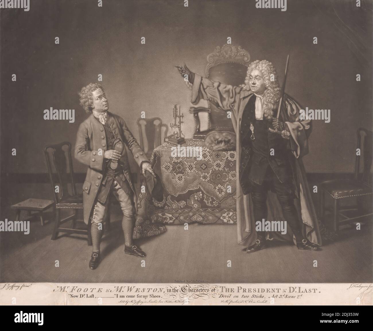 Il Sig. Foote e il Sig. Weston nei personaggi del Presidente e del Dr. Last, Stampa di John Finlayson, 1730–1776, britannico, dopo Johan Joseph Zoffany RA, 1733–1810, tedesco, attivo in Gran Bretagna (dal 1760), pubblicato da Johan Joseph Zoffany RA, 1733–1810, tedesco, attivo in Gran Bretagna (dal 1760), John Finlayson, 1730–1776, inglese, E Henry Parker, 1725–1809, British, 1769, Mezzotint su carta media, leggermente testurizzata, crema di carta, foglio: 18 1/8 x 22 3/8 pollici (46 x 56.8 cm), piatto: 18 x 21 7/8 pollici (45.7 x 55.6 cm), e immagine: 16 5/8 x 21 7/8 pollici (42.2 x 55.6 cm), attori, canna, sedie Foto Stock