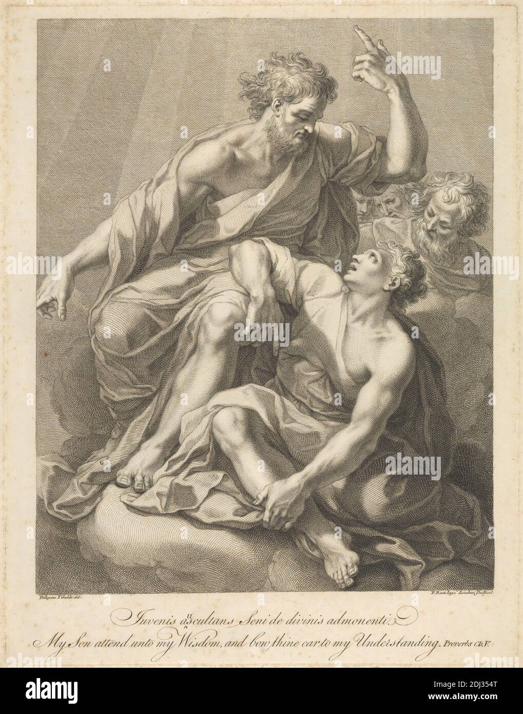 Juvenis auscultans seni de divinis ammonenti, Stampa di Francesco Bartolozzi RA, 1728–1815, italiano, attivo in Gran Bretagna (1764–99), dopo Pellegrino Tibaldi, 1527–1596, italiano, dopo Camillo Procaccini, ca. 1551–1629, italiano, 1764, incisione su carta in wove beige di spessore moderato, moderatamente testurizzata, foglio: 18 3/8 x 14 5/16 pollici (46.6 x 36.4 cm), piastra: 17 13/16 x 13 13/16 pollici (45.3 x 35.1 cm) e immagine: 15 9/16 x 12 3/8 pollici (39.6 x 31.5 cm), Bibbia, cristianesimo, nuvole, costume, divinità, padre, gesto, cielo, uomini, Antico Testamento, indicando, soggetto religioso e mitologico, figlio Foto Stock