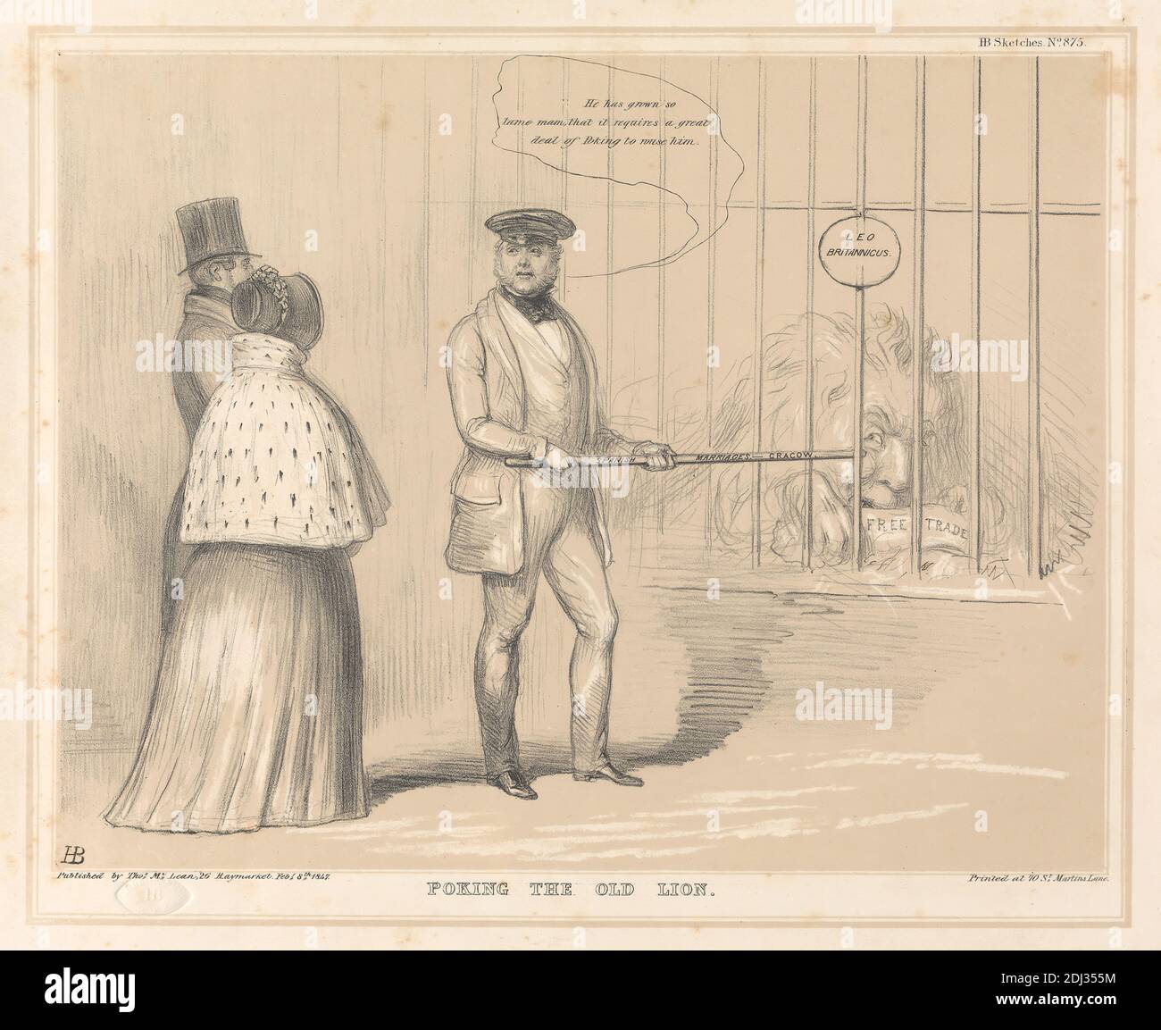 Poking the Old Lion, Stampa realizzata da John Doyle ('H.B.'), 1797–1868, irlandese, stampata da General litographic Establishment, Active ca. 1840–1847, inglese, pubblicato da Thomas McLean, 1788–1875, inglese, 1847, litografia in inchiostro marrone e nero su carta in wove beige piuttosto spessa, liscia, foglio: 12 3/16 x 17 3/8 pollici (31 x 44.2 cm) e immagine: 9 3/4 x 12 5/8 pollici (24.7 x 32 cm), animale, cofano, gabbia, capo, libero scambio (concetto economico), genere soggetto, gesturing, leone, matrimonio, uomini, vecchio, poking, politico, satira, ombre, schizzi, bastone, parlare, cappello, donna, zoo Foto Stock