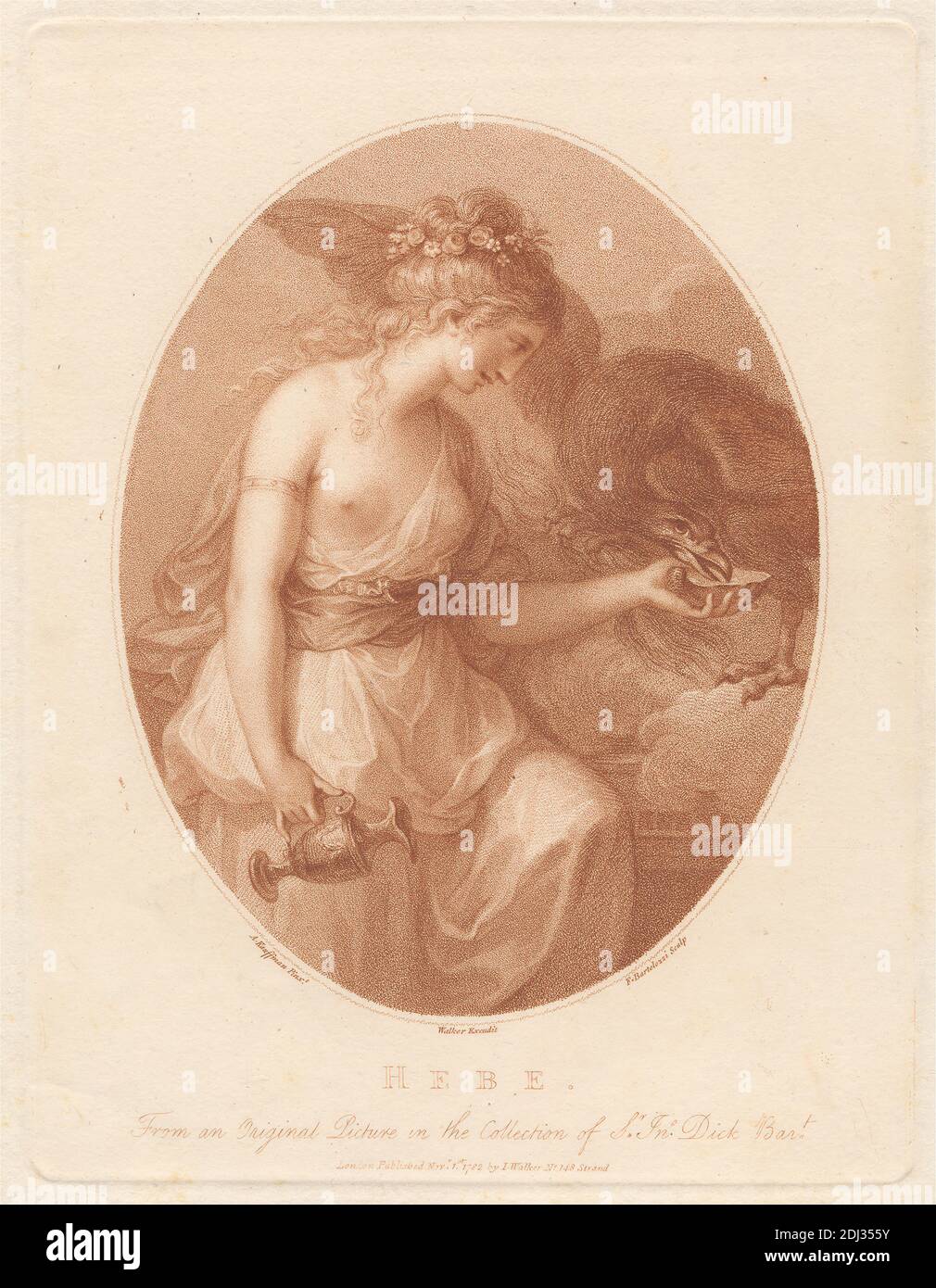 Hebe, Stampa di Francesco Bartolozzi RA, 1728–1815, italiano, attivo in Gran Bretagna (1764–99), dopo Angelica Kauffmann RA, 1741–1807, svizzero, attivo in Gran Bretagna (1766–81), pubblicato da James Walker, 1748–1808, britannico, 1782, Mezzotint e incisione su carta media, moderatamente testurizzata, crema, foglio: 11 7/16 x 9 1/16 pollici (29 x 23 cm), piastra: 8 15/16 x 6 11/16 pollici (22.7 x 17 cm) e immagine: 6 15/16 x 5 1/2 pollici (17.7 x 13.9 cm), (storia di) Hebe (Juventas) - attributi, uccello, bracciale, costruzione, stoffa, nubi, ricci, vestito, fiori (piante), dea, capelli, mitologia, prurito, ritratto Foto Stock