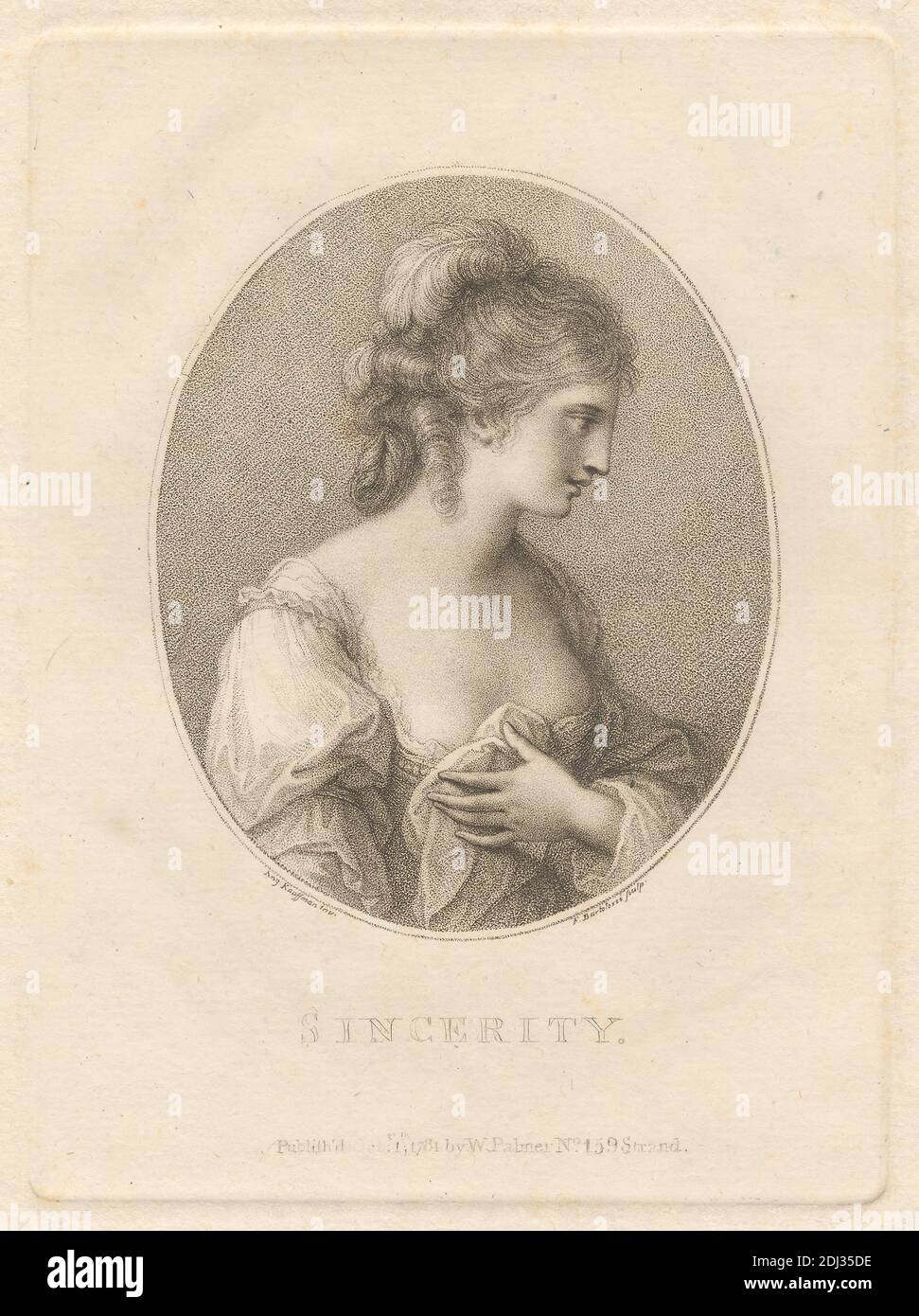 Sincerità, Stampa di Francesco Bartolozzi RA, 1728–1815, italiano, attivo in Gran Bretagna (1764–99), dopo Angelica Kauffmann RA, 1741–1807, svizzero, attivo in Gran Bretagna (1766–81), 1781, Mezzotint e incisione su carta di wove crema di spessore moderato, foglio: 10 15/16 x 7 13/16 pollici (27.8 x 19.8 cm), piatto: 6 x 4 7/16 pollici (15.2 x 11.2 cm), e immagine: 4 x 3 3/16 pollici (10.1 x 8.1 cm), panno, ricci, abito, incisione, piuma, nobildonna, ovale, ritratto, profilo, donna Foto Stock