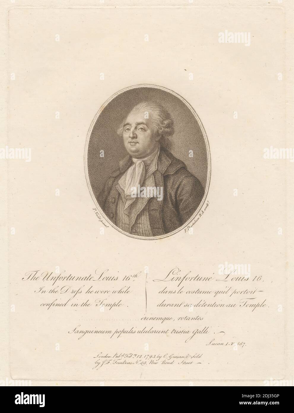 Luigi XVI, Stampa di Francesco Bartolozzi RA, 1728–1815, italiano, attivo in Gran Bretagna (1764–99), dopo Pierre N. Violet, 1749–1819, francese, pubblicato da C. Guisan, 1793, Mezzotint e incisione su carta media, leggermente testurizzata, crema, foglio: 10 1/8 x 7 7/8 pollici (25.7 x 20 cm), piatto: 8 1/16 x 6 pollici (20.4 x 15.2 cm), e immagine: 3 3/8 x 2 3/4 pollici (8.5 x 7 cm), cappotto, istituzione correttistica, costume, cravat, fortezza, Rivoluzione francese, 1789-1799, re (persona), uomo, ovale, ritratto, prigione, gilet Foto Stock