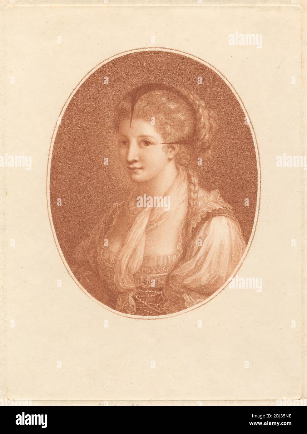 La Fiera Alsacian, Stampa di Francesco Bartolozzi RA, 1728–1815, italiano, attivo in Gran Bretagna (1764–99), dopo Angelica Kauffmann RA, 1741–1807, svizzero, attivo in Gran Bretagna (1766–81), non satinato, Mezzotint su carta di media spessore, leggermente testurizzata, carta di wove crema, foglio: 11 5/8 x 8 3/4 pollici (29.5 x 22.2 cm), piatto: 10 15/16 x 8 3/8 pollici (27.8 x 21.3 cm), e immagine: 7 3/4 x 6 1/8 pollici (19.7 x 15.6 cm), Alsazia, treccia, ricci, Francia, cappello, copricapo, pizzo, collana, ritratto, volant, sciarpa, corda Foto Stock