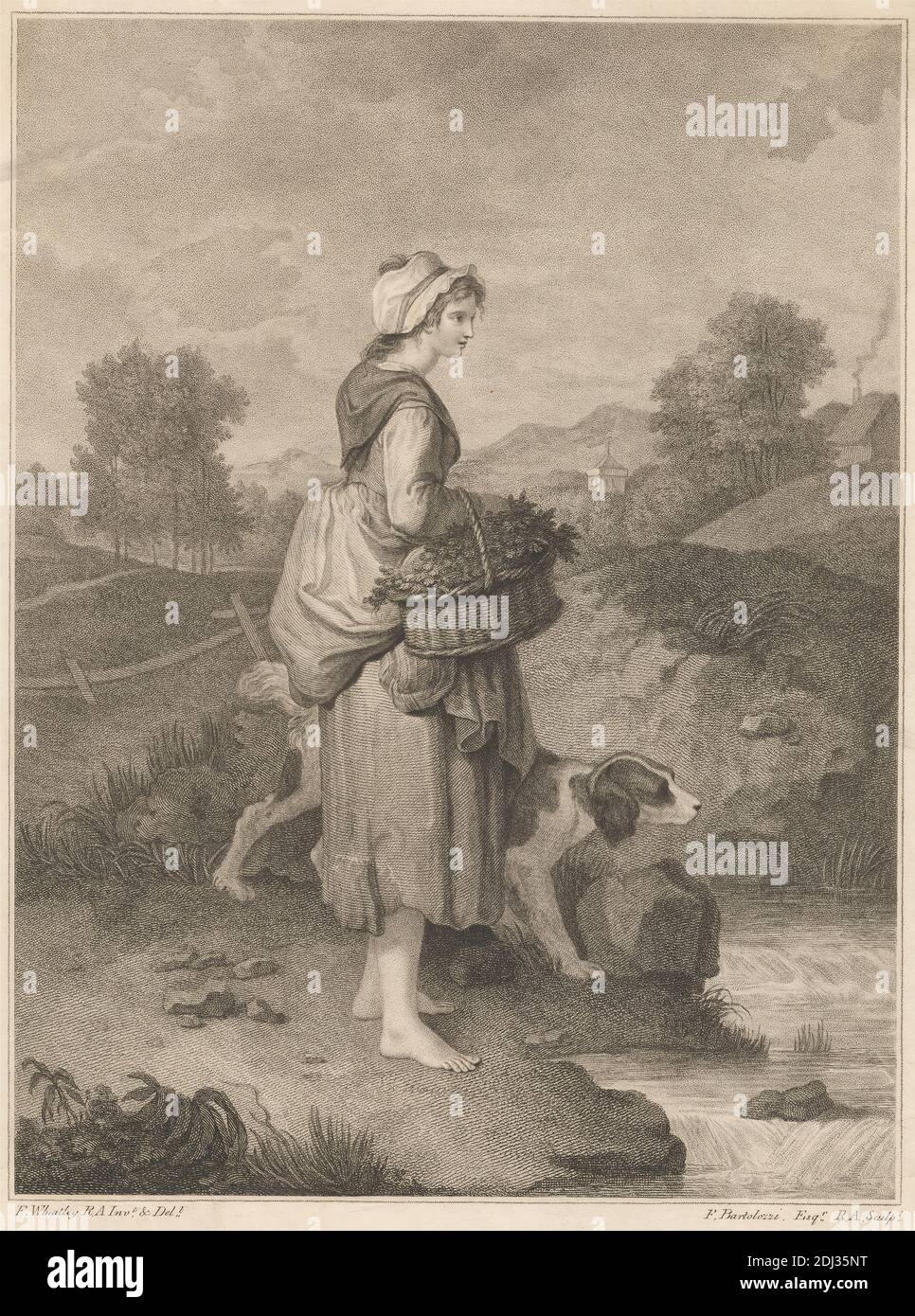 The Watercress Girl, Stampa di Francesco Bartolozzi RA, 1728–1815, italiano, attivo in Gran Bretagna (1764–99), After Francis Wheatley, 1747–1801, inglese, pubblicato da Anthony Molteno, 1784–1845, inglese, 1796, Mezzotint e incisione su carta media, leggermente testurizzata, crema di wove, foglio: 13 1/2 x 9 7/8 pollici (34.3 x 25.1 cm) e immagine: 10 3/4 x 8 1/16 pollici (27.3 x 20.5 cm), agricoltura, piedi nudi, cesto, cofano, camino, costume, cane (animale), abito, agricoltura, recinzione, genere soggetto, ragazza, colline, case, paesaggio, montagne, ruscello, camminare, crescione, cascata, donna, lavoratore Foto Stock The Watercress Girl, Stampa di Francesco Bartolozzi RA, 1728–1815, italiano, attivo in Gran Bretagna (1764–99), After Francis Wheatley, 1747–1801, inglese, pubblicato da Anthony Molteno, 1784–1845, inglese, 1796, Mezzotint e incisione su carta media, leggermente testurizzata, crema di wove, foglio: 13 1/2 x 9 7/8 pollici (34.3 x 25.1 cm) e immagine: 10 3/4 x 8 1/16 pollici (27.3 x 20.5 cm), agricoltura, piedi nudi, cesto, cofano, camino, costume, cane (animale), abito, agricoltura, recinzione, genere soggetto, ragazza, colline, case, paesaggio, montagne, ruscello, camminare, crescione, cascata, donna, lavoratore Foto Stock