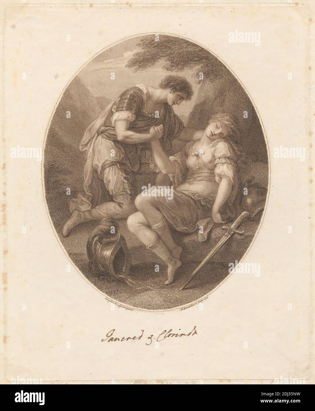 Tancredi e Clorinda, Stampa di Francesco Bartolozzi RA, 1728–1815, italiano, attivo in Gran Bretagna (1764–99), dopo Angelica Kauffmann RA, 1741–1807, svizzero, attivo in Gran Bretagna (1766–81), 1785, Mezzotint e incisione su carta media, moderatamente testurizzata, crema, foglio: 11 1/8 x 9 3/16 pollici (28.3 x 23.4 cm), piatto: 10 11/16 x 8 3/4 pollici (27.2 x 22.2 cm), e immagine: 8 1/8 x 6 11/16 pollici (20.7 x 17 cm), battaglia, religione cristiana, cristianesimo, morte, morire, epiche, piuma, caschi, Islam, Islam (musulmano), Gerusalemme, Gerusalemme consegnato, 1581, cavalieri, tema letterario, amore, amanti Foto Stock