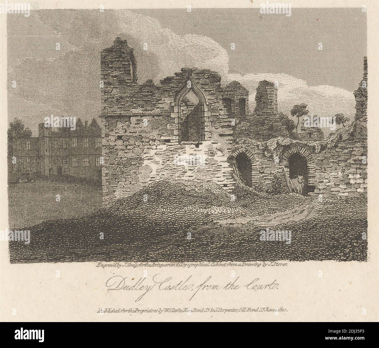 Dudley Castle from the Court, John Greig, Active 1800–1853, British, After James S. Storer, 1771–1853, British, Published by William Clark, Active 1808–1815, British, and James Carpenter, Active 1808–1843, British, 1810, Etching on moderatamente spessa, leggermente testurizzata, crema di wove paper, foglio: 3 15/16 x 6 9/16 pollici (10 x 16.6 cm), piatto: 3 7/8 x 5 15/16 pollici (9.9 x 15.1 cm), e immagine: 2 3/8 x 3 3/8 pollici (6.1 x 8.6 cm), archi, soggetto architettonico, castello, cortile, rovine, Dudley, Dudley, Castello di Dudley, Inghilterra, Regno Unito Foto Stock
