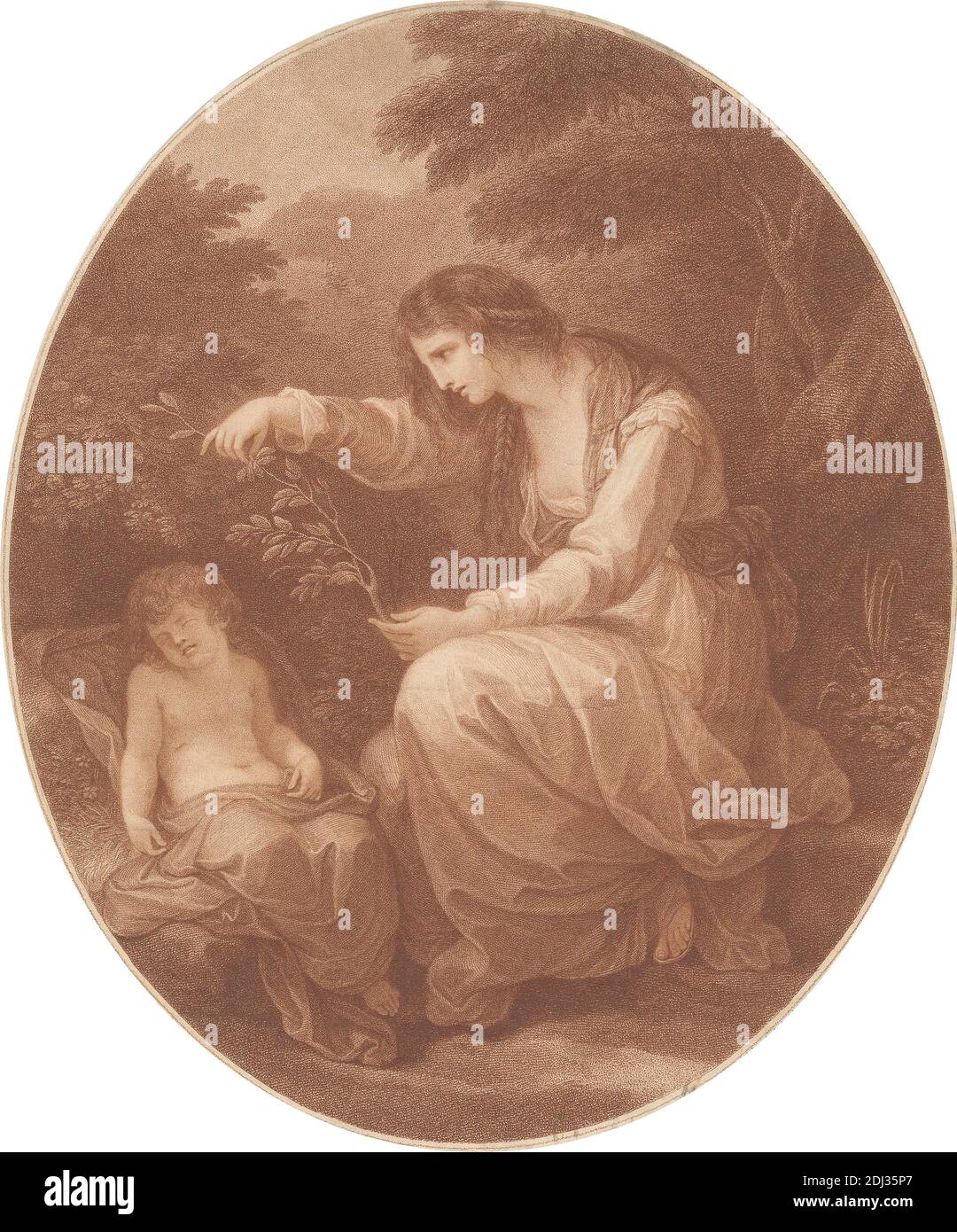 Cleone, Stampa realizzata da Francesco Bartolozzi RA, 1728–1815, italiano, attivo in Gran Bretagna (1764–99), dopo Angelica Kauffmann RA, 1741–1807, svizzero, attivo in Gran Bretagna (1766–81), 1784, Mezzotint e incisione a filo su carta di wove crema di spessore moderato, immagine: 12 7/8 x 10 7/8 pollici (32.7 x 27.6 cm), Asopus: Prole, compagno(i), treno, ramo, bambino, stoffa, figlia, abito, foresta, dei - mitologia classica, greco, capelli, mitologia, ninfe, ritratto, soggetto religioso e mitologico, rocce (forme di terra), sandali, stagioni, sonno, primavera, alberi Foto Stock
