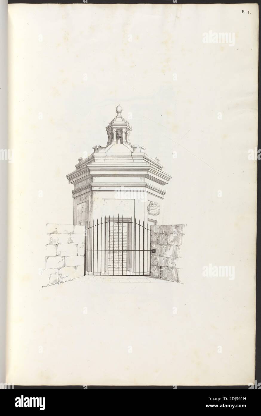 Collezione di monumenti sul Bastione della Valetta, Stampa di Luigi de Brocktorff, attivo 1823, 1839, litografia, foglio: 17 1/8 x 12 1/8in. (43.5 x 30,8 cm), soggetto architettonico, edificio, cancello, monumento, muro Foto Stock