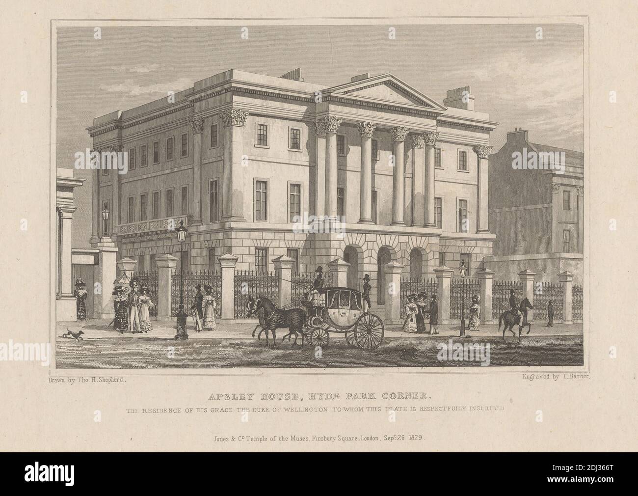 Apsley House, Hyde Park Corner: La residenza di sua Grazia il Duca di Wellington, Stampa fatta da Thomas Barber, ca. 1768–1843, inglese, dopo Thomas Hoscher Shepherd, 1792–1864, inglese, pubblicato da Jones & Co., attivo 1822–1850, inglese, 1829, incisione su carta di wove crema di spessore moderato, leggermente testurizzata, con collé di ciotola beige, foglio: 5 11/16 x 8 7/8 pollici (14.5 x 22.5 cm), foglio: 5 1/4 x 7 1/2 pollici (13.3 x 19 cm), e immagine: 3 7/8 x 5 7/8 pollici (9.9 x 14.9 cm), archi, soggetto architettonico, cofani, edifici, canna, capitelli, carrozza, camini, cachù, cappotti, colonne, cani ( Foto Stock