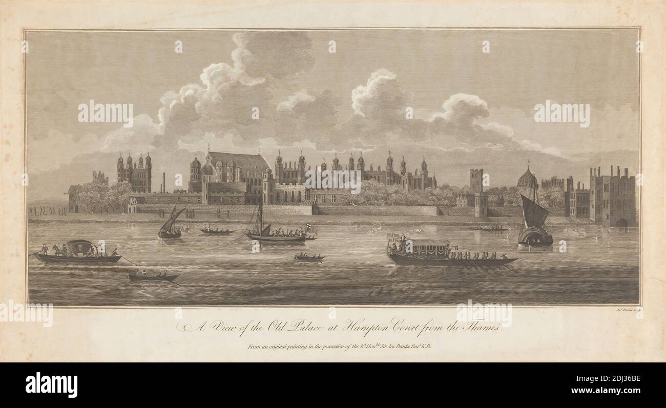 A View of the Old Palace at Hampton Court from the Thames, James Basire, 1730–1802, inglese, dopo artista sconosciuto, senza, incisione Foto Stock