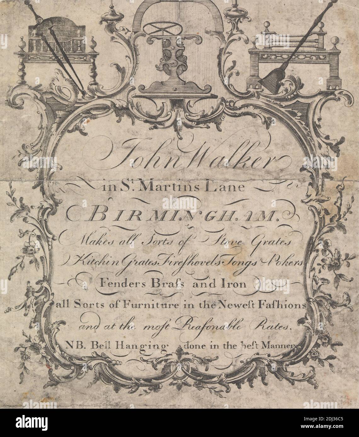 Trade Card per John Walker, un metallaio di St. Martin's Lane, Birmingham., artista sconosciuto, XVIII secolo, c.1770 Foto Stock