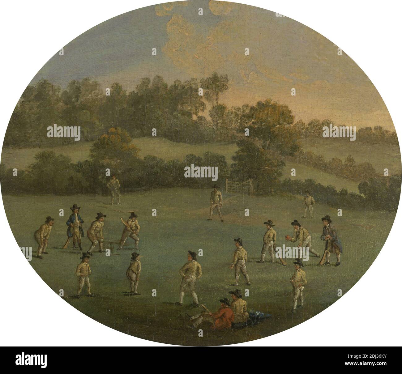 A Game of Cricket (The Royal Academy Club in Marylebone Fields, ora Regent's Park), artista sconosciuto, XVIII secolo, dopo Francis Hayman, 1707/8–1776, britannico, tra il 1790 e il 1799, Oil on Panel, Support (PTG): 10 1/4 x 11 1/2 pollici (26 x 29.2 cm), palla, bat, ragazzi, costume, cricket, campo, genere soggetto, uomini, ovale, giocatori, ricreazione, rurale, arte sportiva, sportivi, squadra, City of Westminster, Inghilterra, Europa, Grande Londra, Londra, Marylebone, Regent's Park, Regno Unito Foto Stock