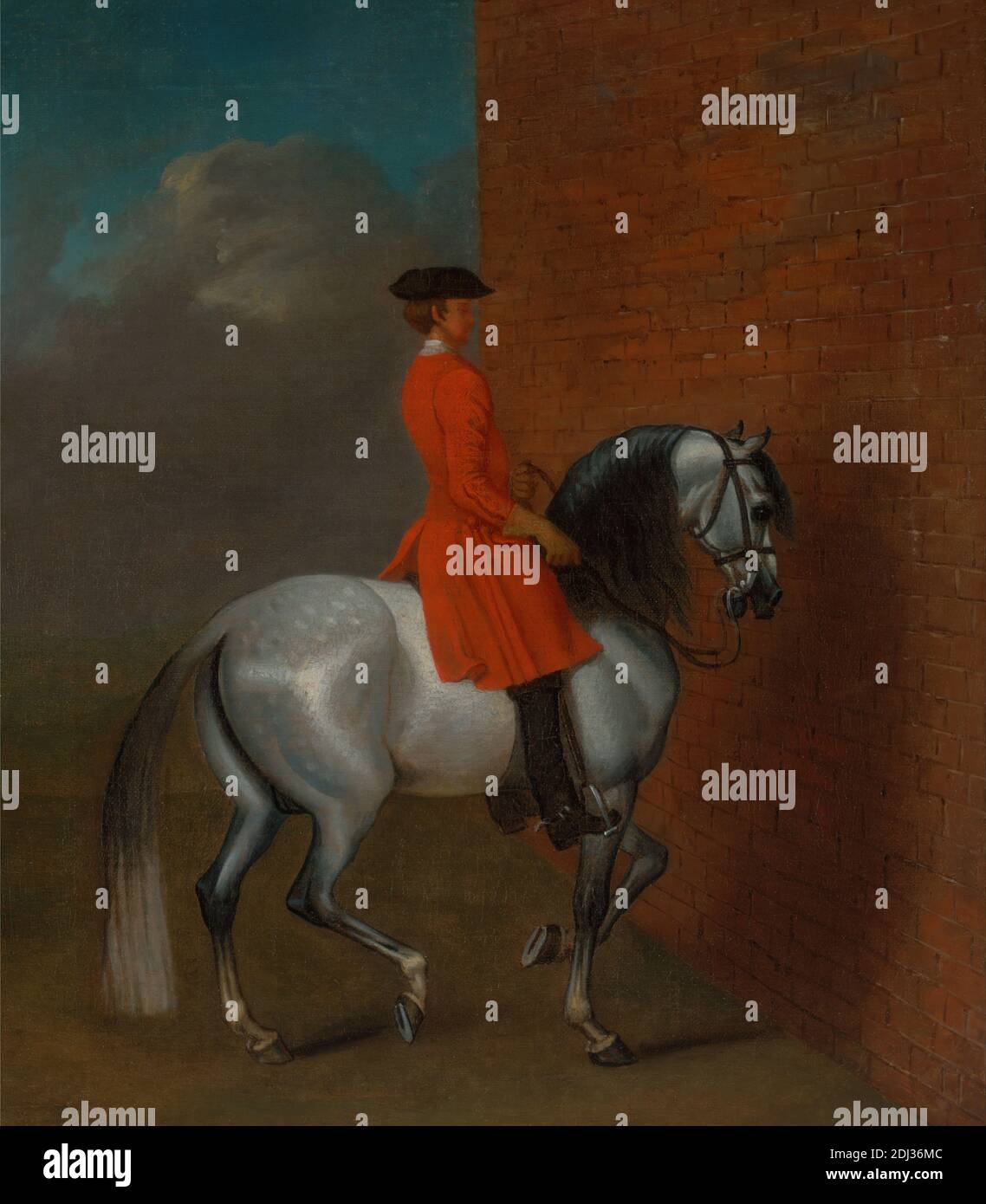 Un esercizio in Haute Ecole: Il passaggio a sinistra lungo un muro, dopo Vanderbank, artista sconosciuto, XIX secolo, precedentemente attribuito a James Seymour, 1702–1752, britannico, ca. 1730, olio su tela, supporto (PTG): 18 1/2 x 12 pollici (47 x 30.5 cm), costume, equestre, cavallo (animale), passaggio, redini, redini, arte sportiva, muro Foto Stock