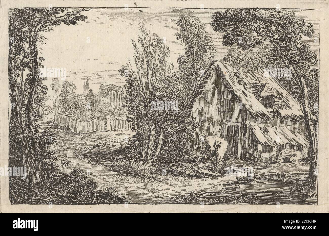 Chatelain, 1710–1771, francese, pubblicato da John Rocque, 1704?–1762, francese, attivo in Gran Bretagna, 1737, incisione su carta leggermente spessa, beige, foglio: 5 9/16 x 8 3/4 pollici (14.1 x 22.3 cm), piatto: 4 5/16 x 6 5/8 pollici (10.9 x 16.9 cm), e immagine: 3 15/16 x 6 1/4 pollici (10 x 15.8 cm), tagliando, mucca, fattoria, genere soggetto, erba, casa, case, illustrazione, lavoro, paesaggio, uomo, contadino, strada, alberi, legno, lavoro Foto Stock