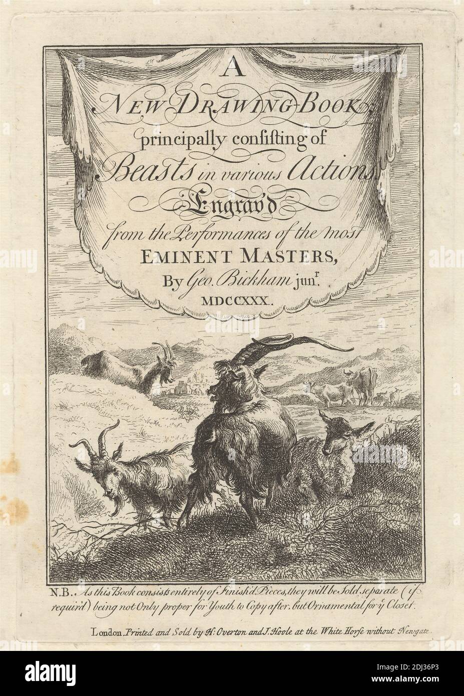 Pagina del titolo per un 'nuovo libro di disegno composto principalmente da bestie in varie azioni' (1 di 6), Stampa fatta da George Bickham, 1683/4–1758, inglese, dopo artista sconosciuto, pubblicato da Henry Overton, 1675/6–1751, inglese, non trattato, incisione su carta media, liscia, crema, foglio: 11 7/8 x 7 1/8 pollici (30.2 x 18.1 cm), piastra: 8 3/8 x 5 13/16 pollici (21.3 x 14.7 cm), e immagine: 7 3/8 x 5 1/16 pollici (18.8 x 12.9 cm), arte animale, animali, cespugli, mucche, drappeggi, campi, capre, colline, agnelli, piante, arieti Foto Stock