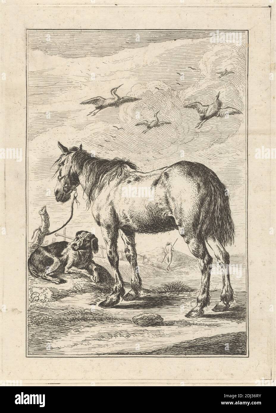 A Horse and a dog, a Pl. For 'A New Drawing Book...of Beasts in Various Actions' (1 di 9), Stampa di George Bickham, 1683/4–1758, inglese, after Unknown artist, pubblicato da Henry Overton, 1675/6–1751, inglese, non datato, incisione su carta media, liscia, crema, foglio: 11 15/16 x 7 5/16 pollici (30.3 x 18.6 cm), piastra: 1/4 x 15.2 cm (21 x 6 pollici) e immagine: 7 1/8 x 4 13/16 pollici (18.1 x 12.2 cm), arte animale, uccelli, briglie, nuvole, cane (animale), fattoria, contadino, recinzioni, erba, colline, cavalli (animali), posta, riposo, rocce (forme di terra), personale Foto Stock
