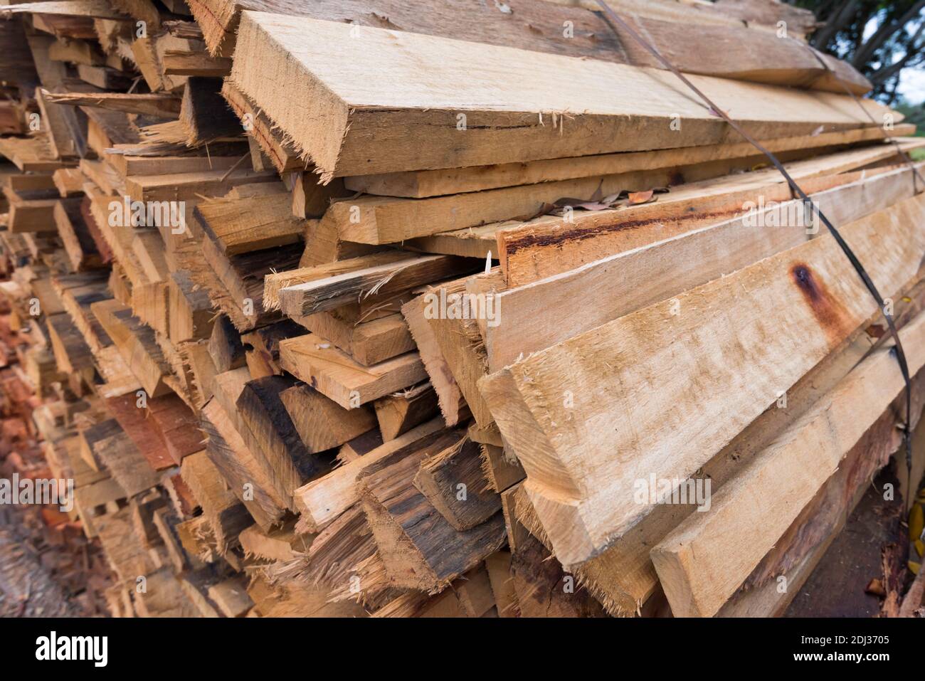 Scarti di legno da una segheria Eucalipto accatastato pronto a. sia bruciato in un forno Foto Stock